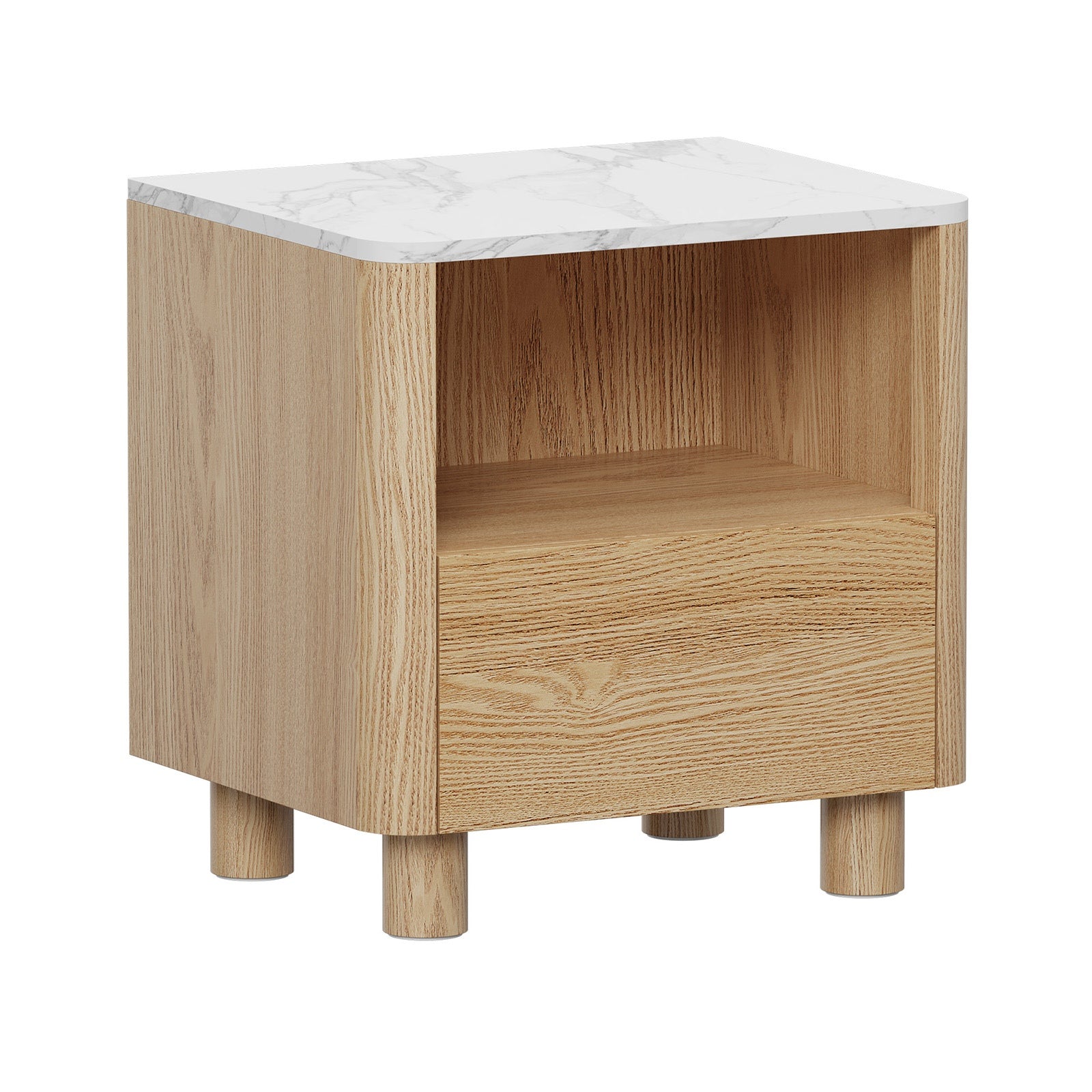 Oikiture Bedside Table Nightstand One Drawer Open Shelf Handle-Free Natural