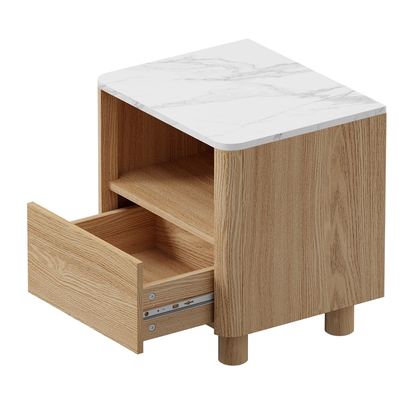 Oikiture Bedside Table Nightstand One Drawer Open Shelf Handle-Free Natural