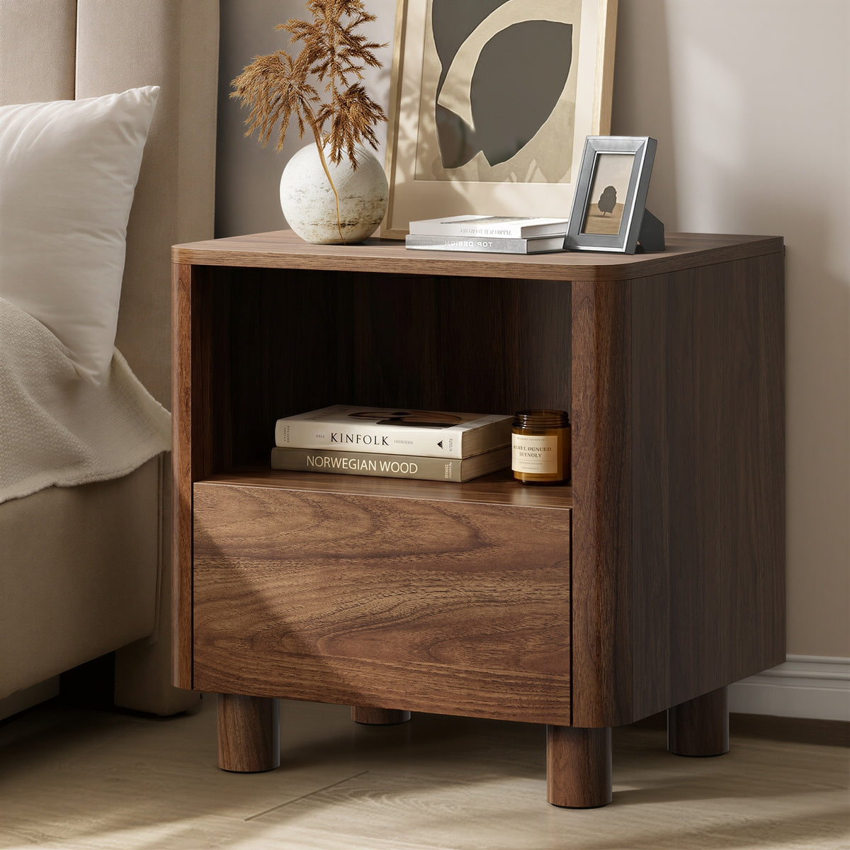 Oikiture Bedside Table Nightstand One Drawer Open Shelf Handle-Free