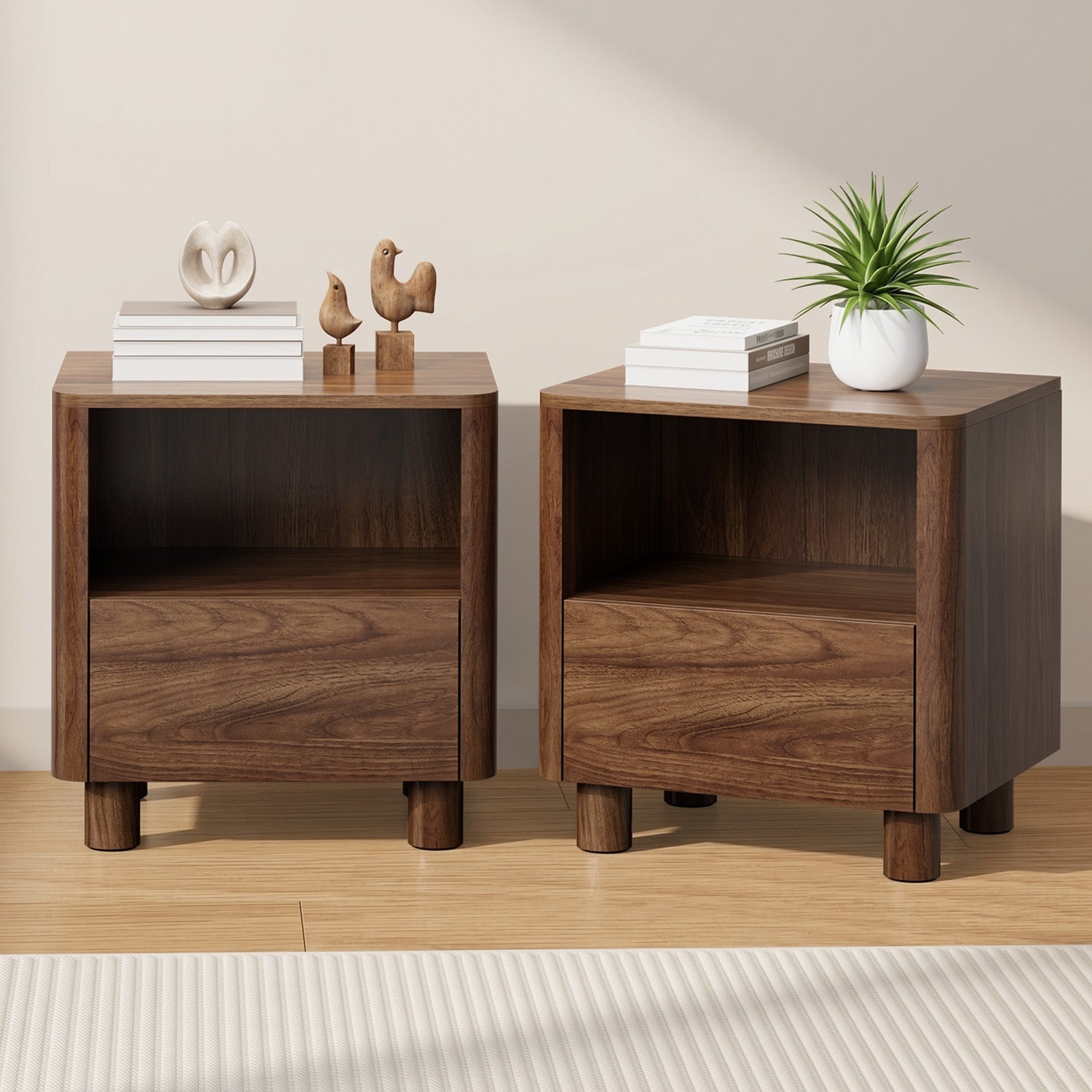 Oikiture 2pc Bedside Table Nightstand One Drawer Open Shelf Handle-Free Walnut