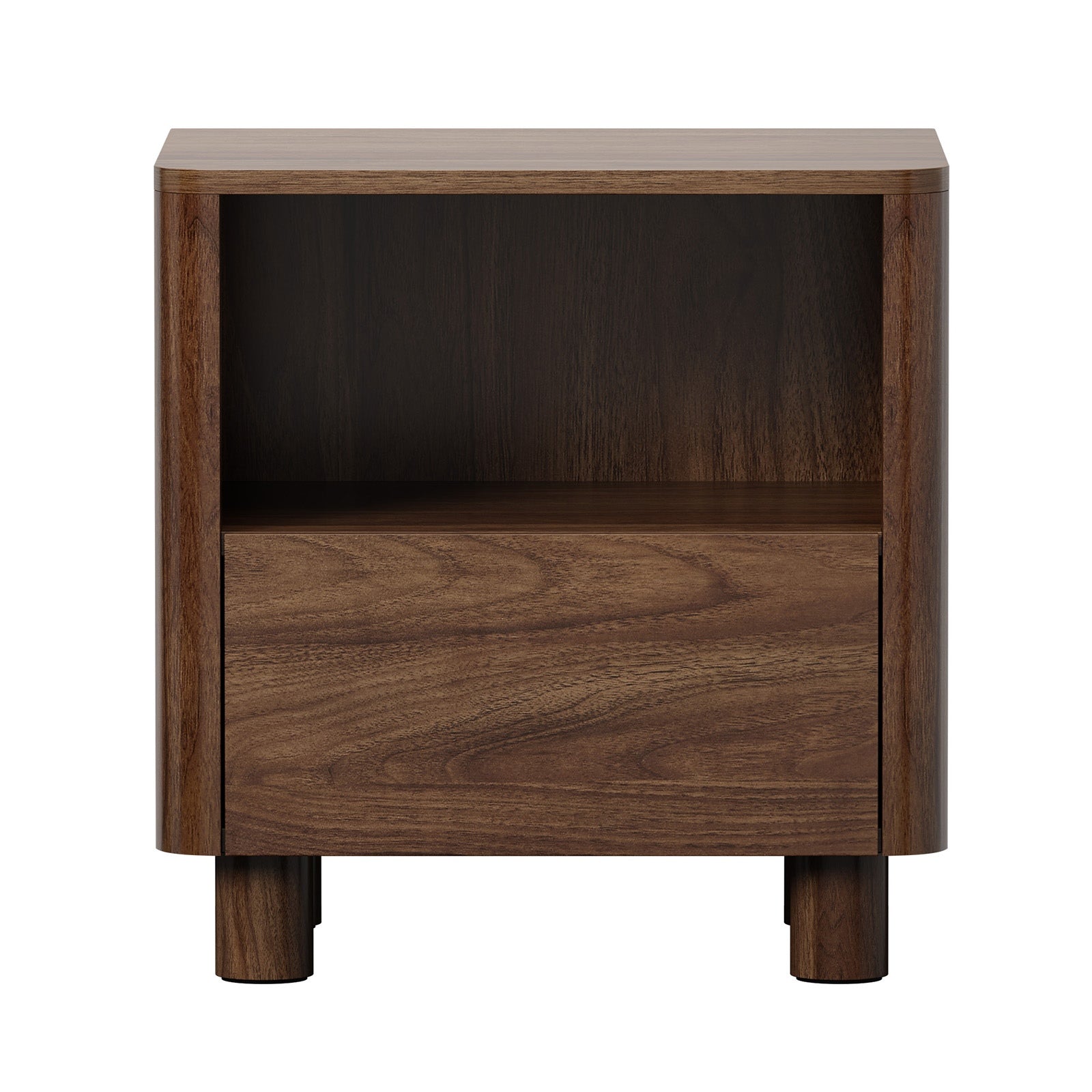 Oikiture 2pc Bedside Table Nightstand One Drawer Open Shelf Handle-Free Walnut