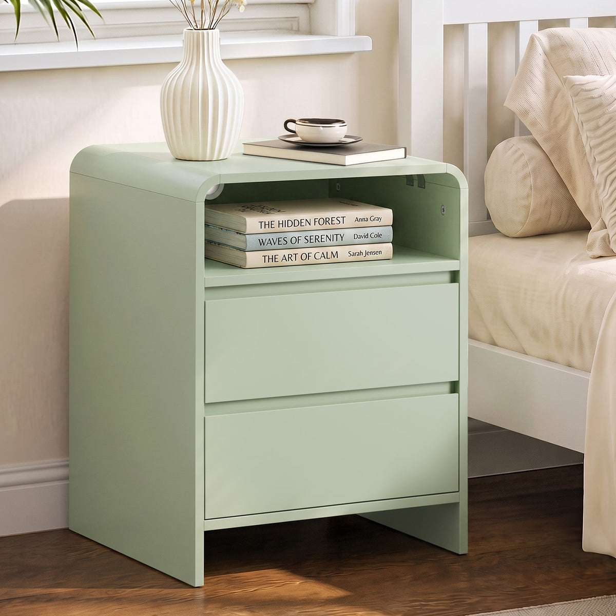 Oikiture Bedside Table Open Shelf Nightstand Handle-Free Drawers Green