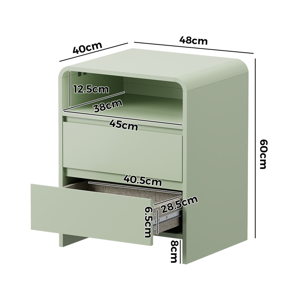 Oikiture Bedside Table Open Shelf Nightstand Handle-Free Drawers Green