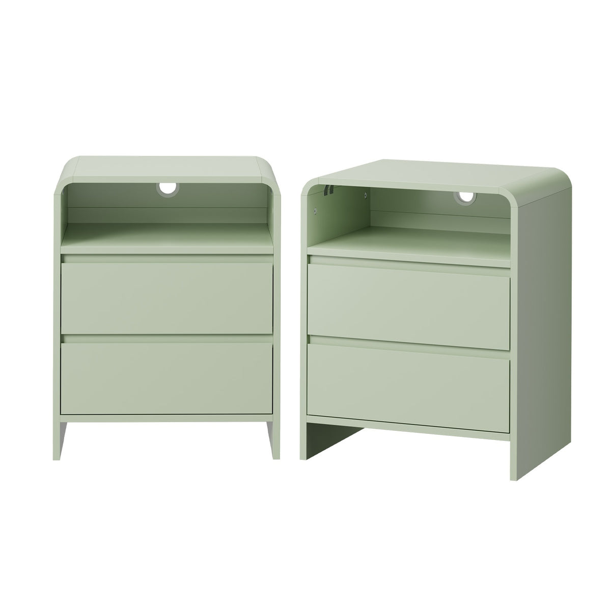 Oikiture 2pc Bedside Table Open Shelf Nightstand Handle-Free Drawers Green