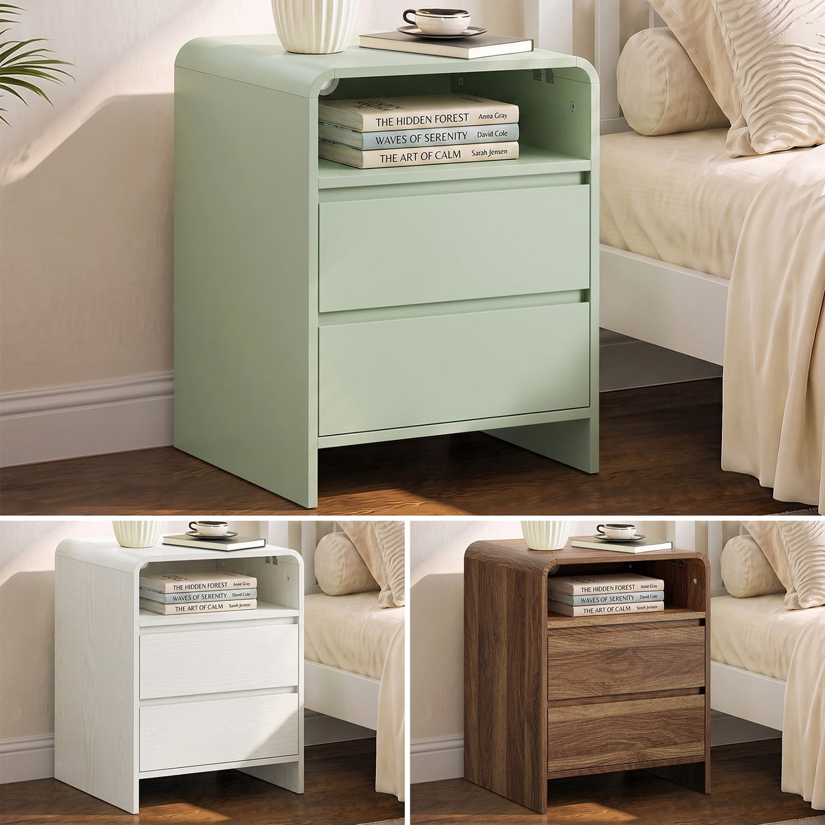 Oikiture Bedside Table Open Shelf Nightstand Handle-Free Drawers White