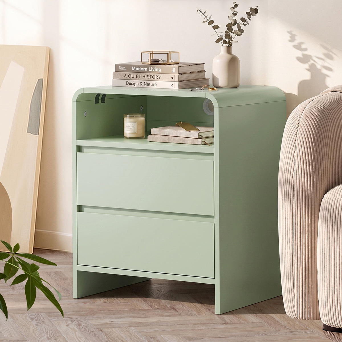 Oikiture Bedside Table Open Shelf Nightstand Handle-Free Drawers White