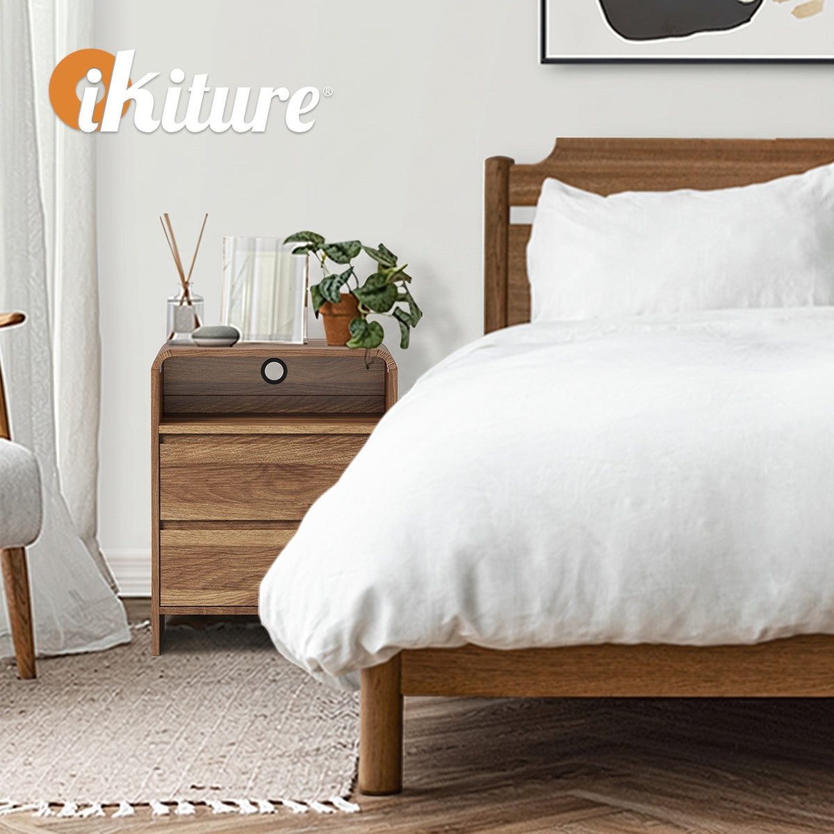Oikiture Bedside Table Open Shelf Nightstand Handle-Free Drawers White