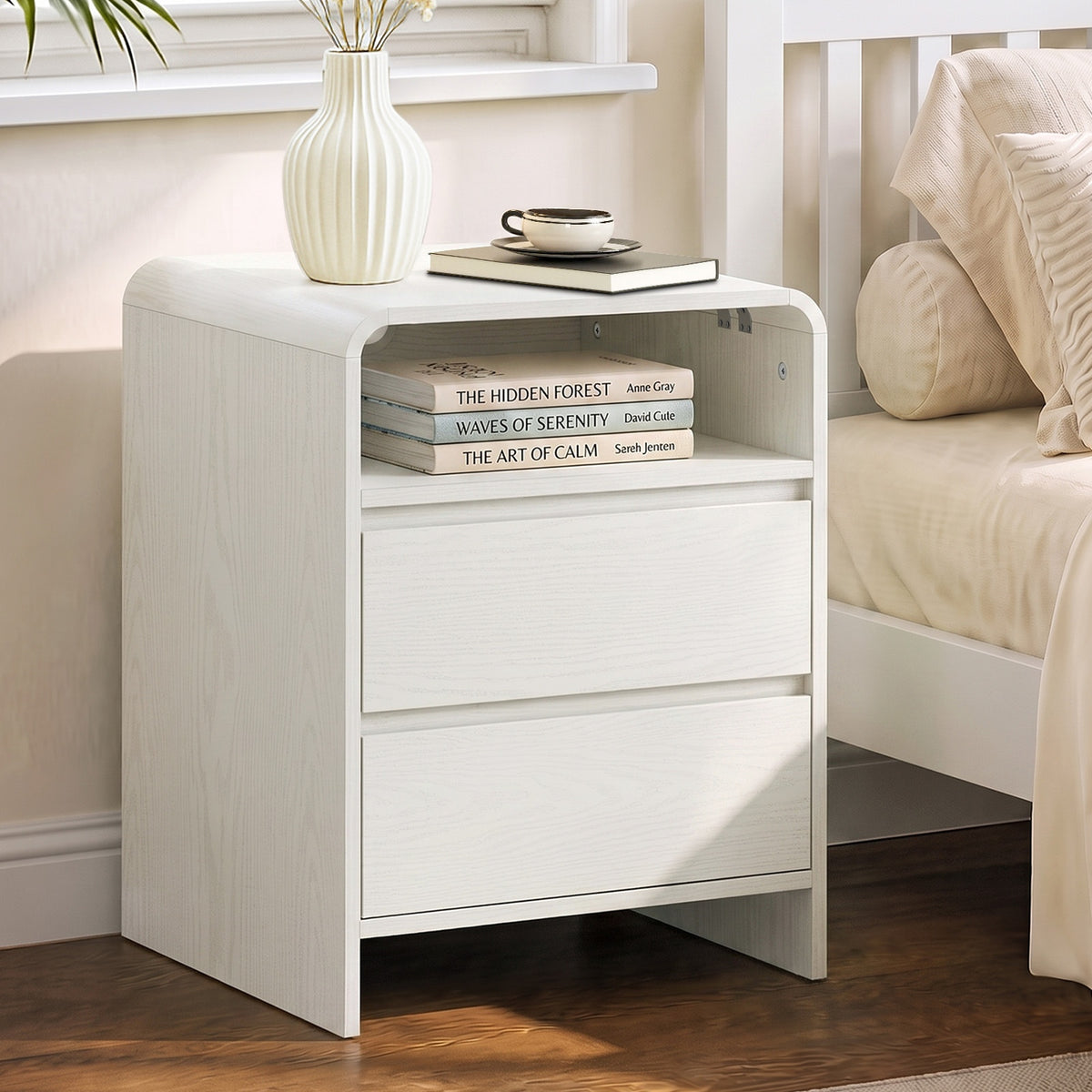 Oikiture Bedside Table Open Shelf Nightstand Handle-Free Drawers White