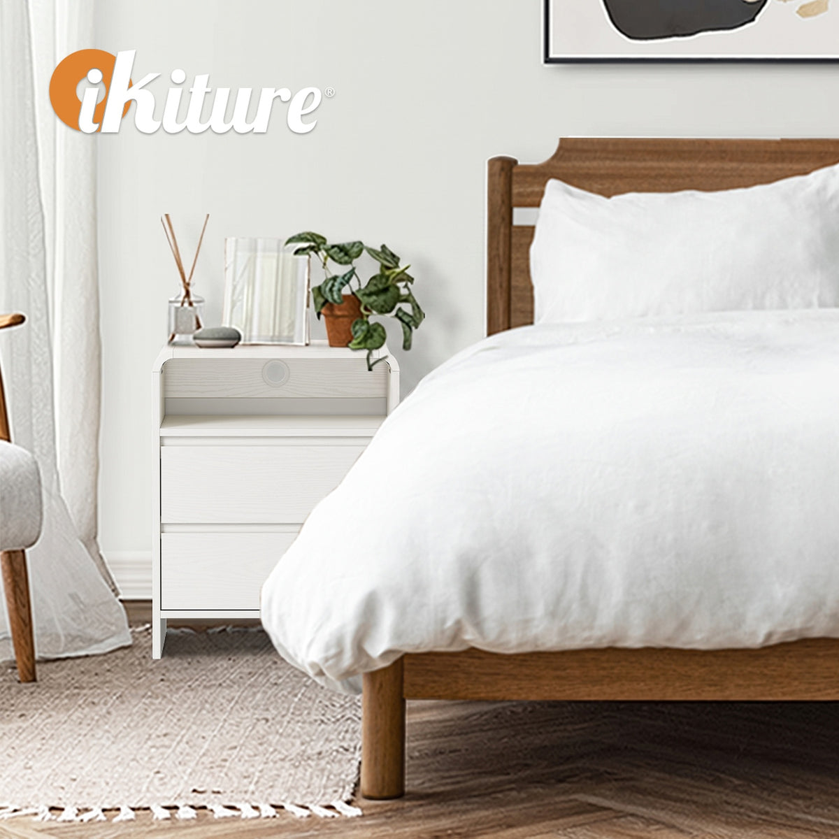 Oikiture Bedside Table Open Shelf Nightstand Handle-Free Drawers White