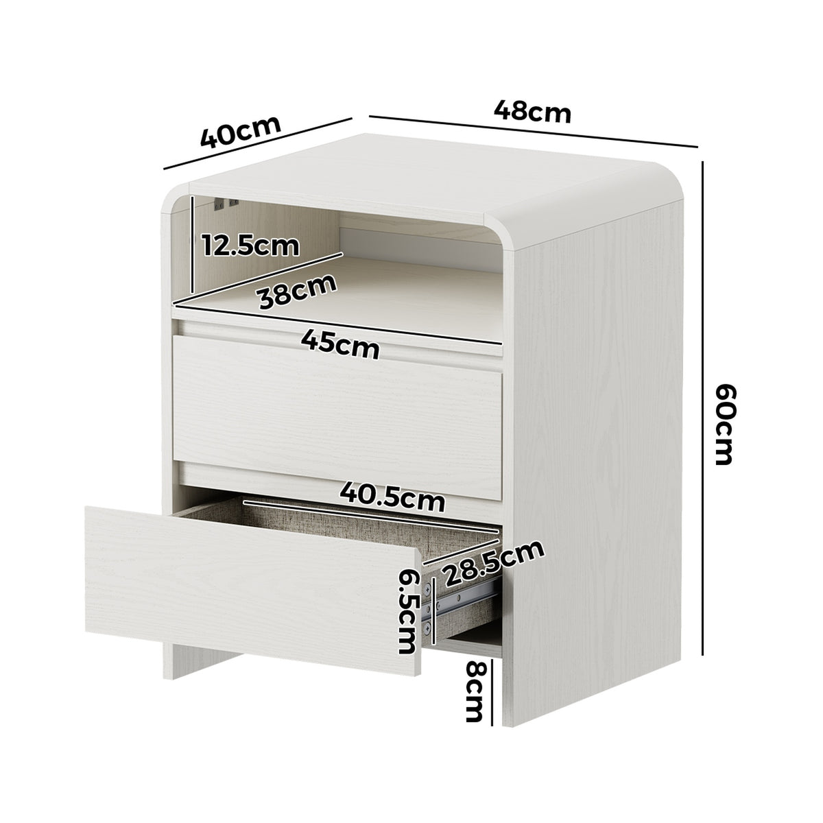 Oikiture Bedside Table Open Shelf Nightstand Handle-Free Drawers White