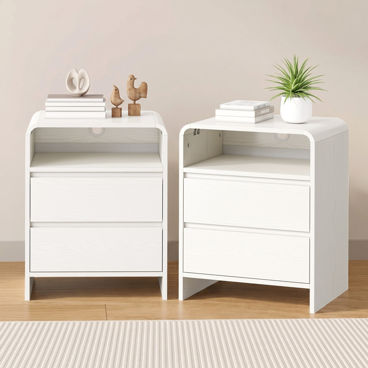 Oikiture 2pc Bedside Table Open Shelf Nightstand Handle-Free Drawers White