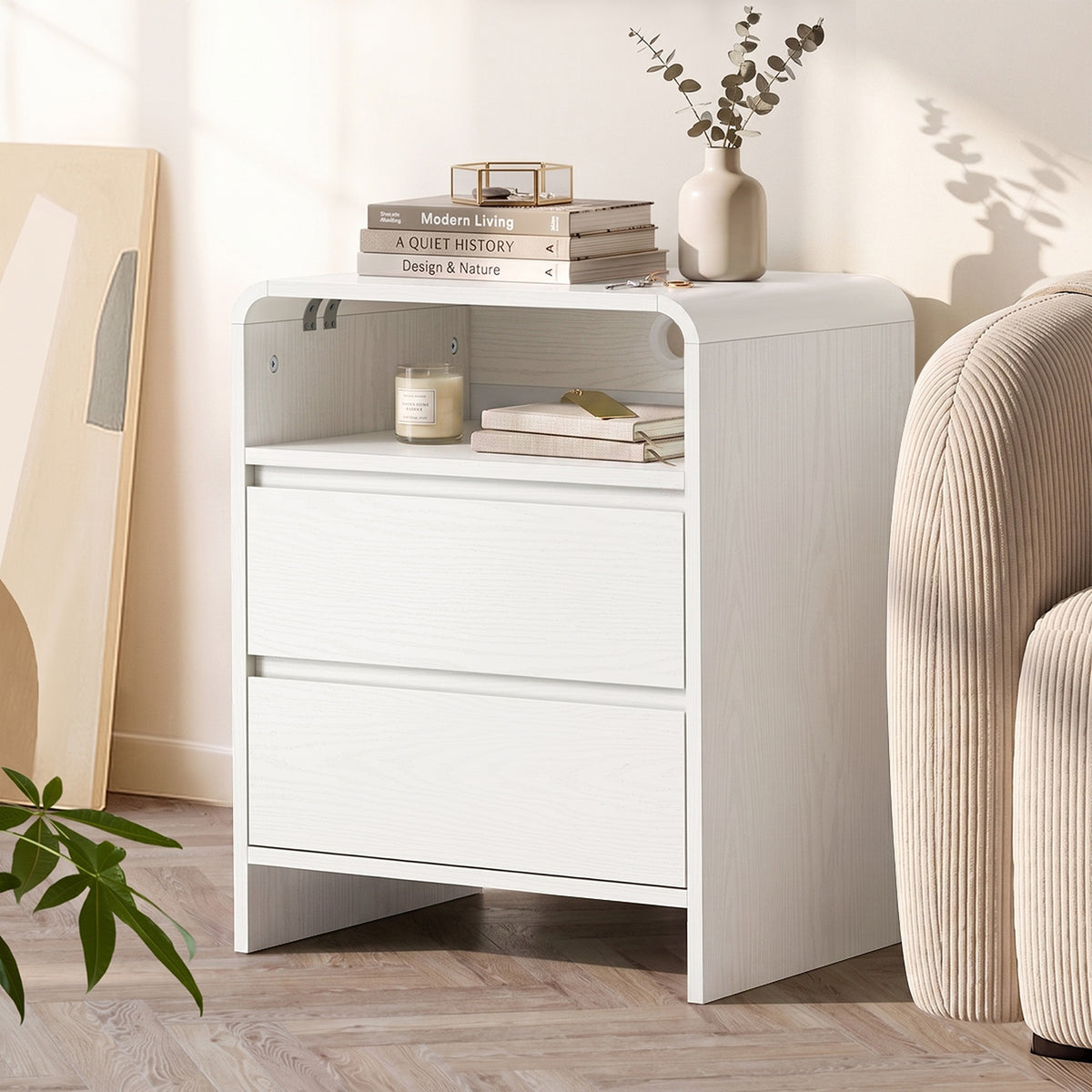 Oikiture 2pc Bedside Table Open Shelf Nightstand Handle-Free Drawers White