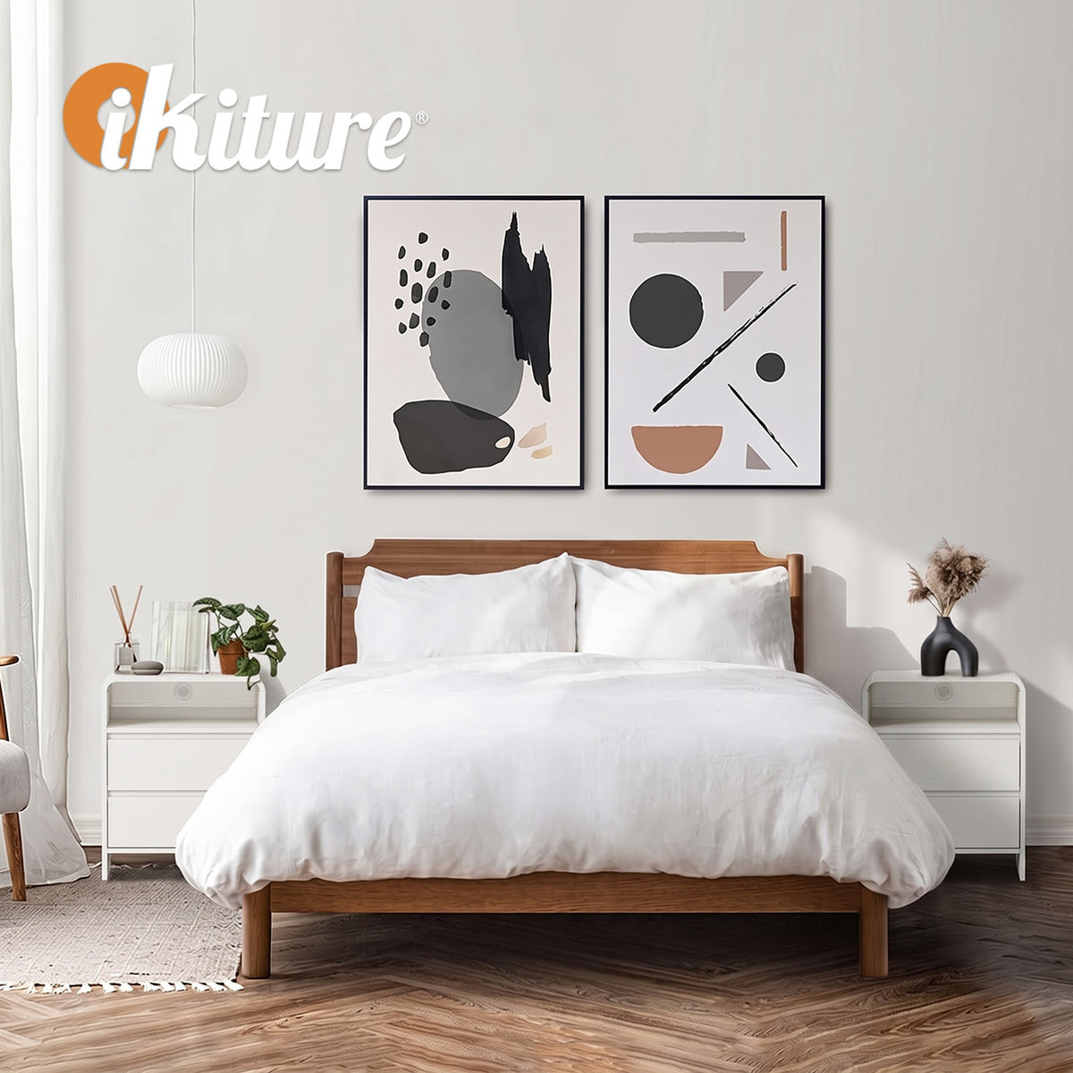 Oikiture 2pc Bedside Table Open Shelf Nightstand Handle-Free Drawers White