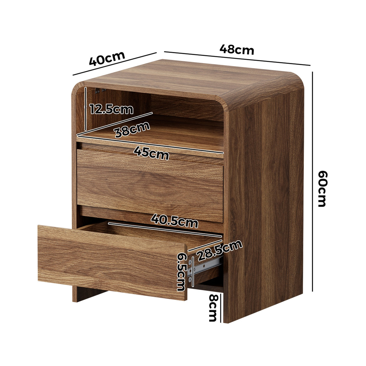 Oikiture Bedside Table Open Shelf Nightstand Handle-Free Drawers Walnut