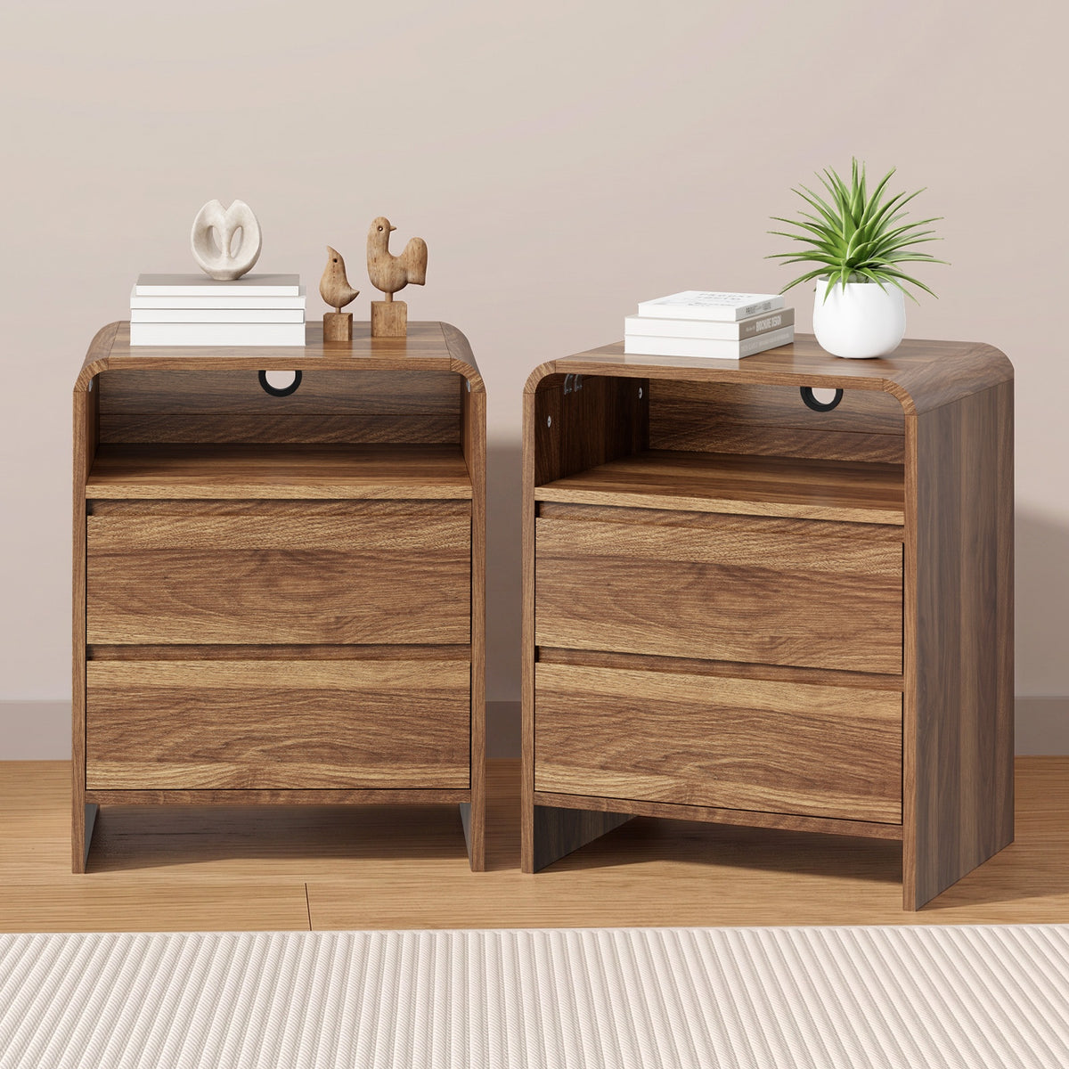 Oikiture 2pc Bedside Table Open Shelf Nightstand Handle-Free Drawers Walnut