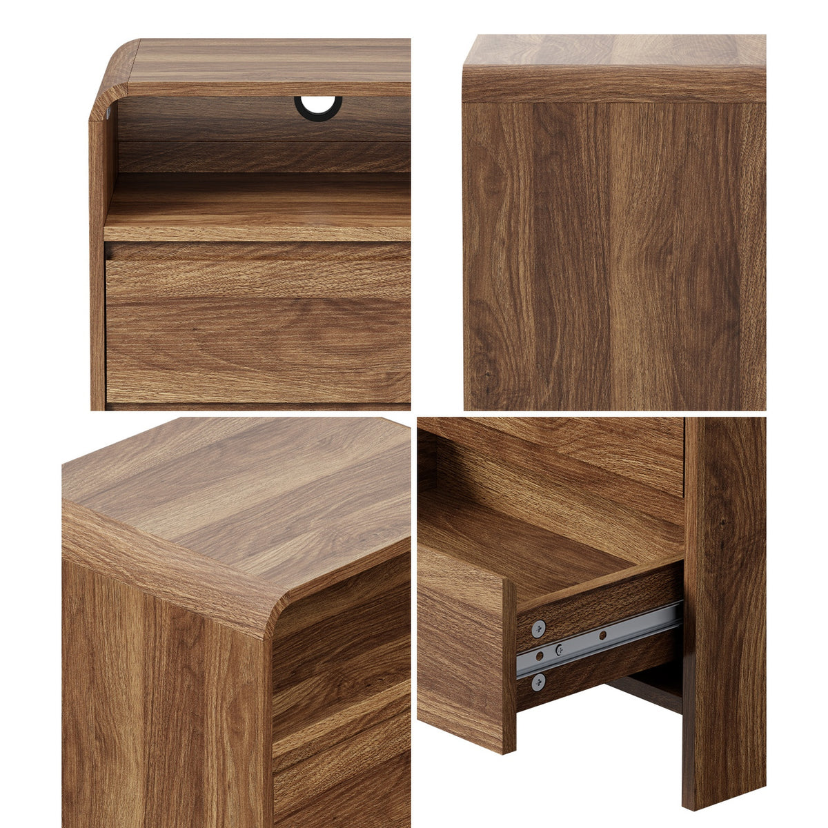 Oikiture 2pc Bedside Table Open Shelf Nightstand Handle-Free Drawers Walnut