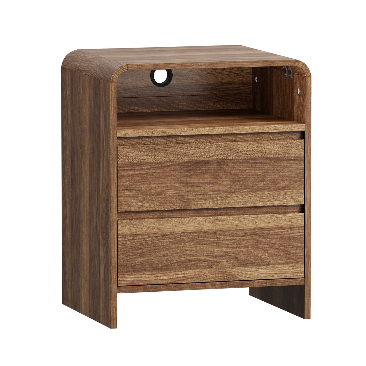 Oikiture 2pc Bedside Table Open Shelf Nightstand Handle-Free Drawers Walnut