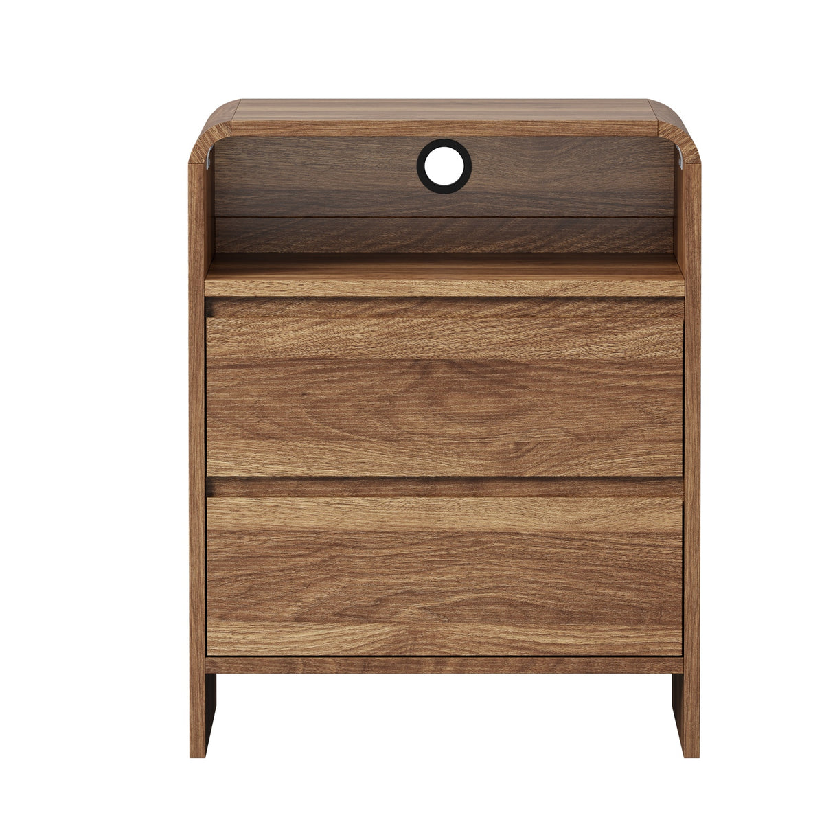Oikiture 2pc Bedside Table Open Shelf Nightstand Handle-Free Drawers Walnut