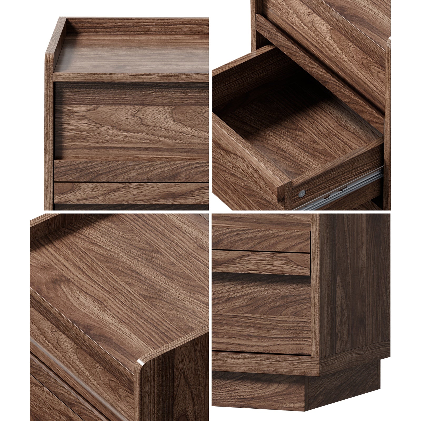 Oikiture Bedside Table 2 Drawers Handle-Free Side End Cabinet Walnut