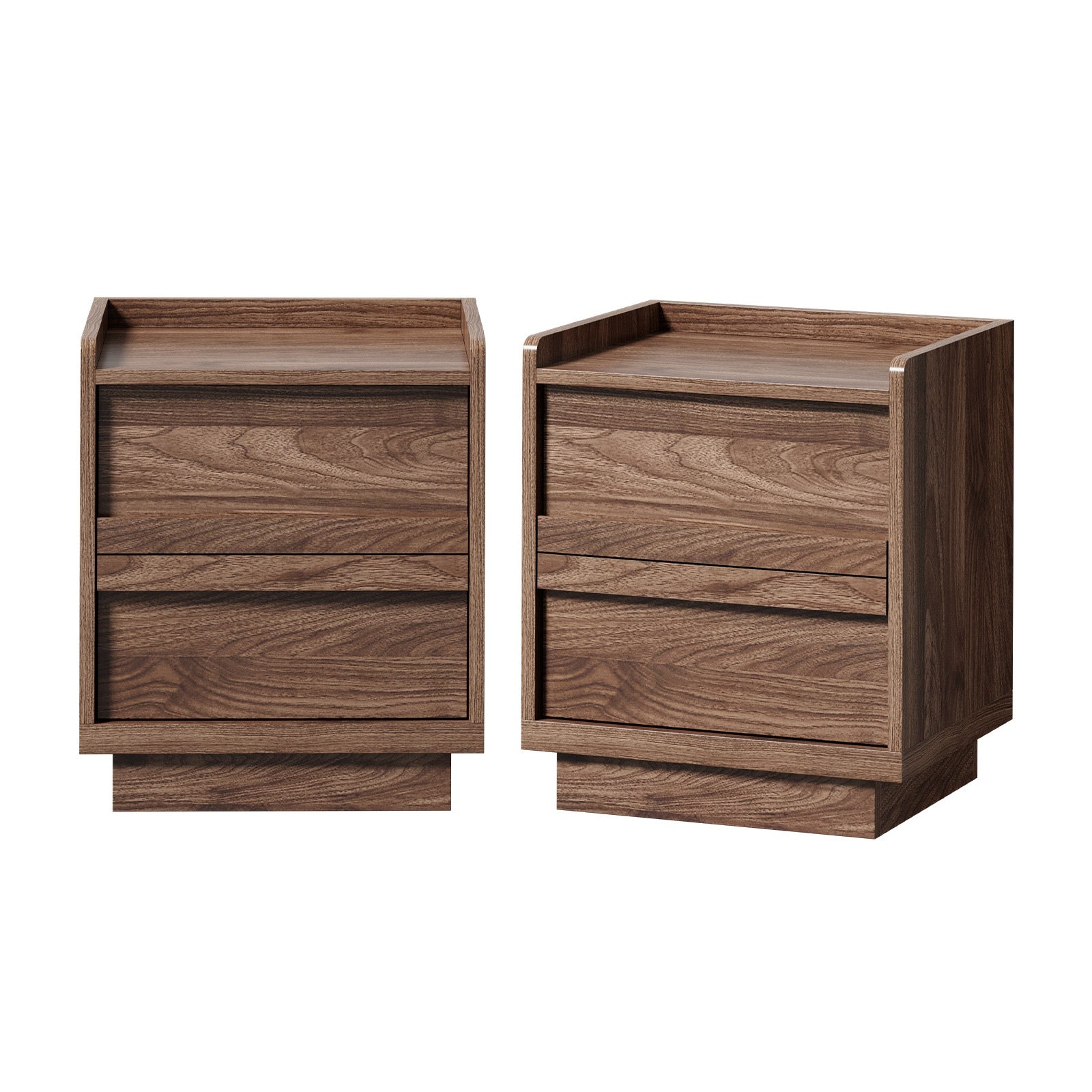 Oikiture 2pc Bedside Table 2 Drawers Handle-Free Side End Cabinet Walnut