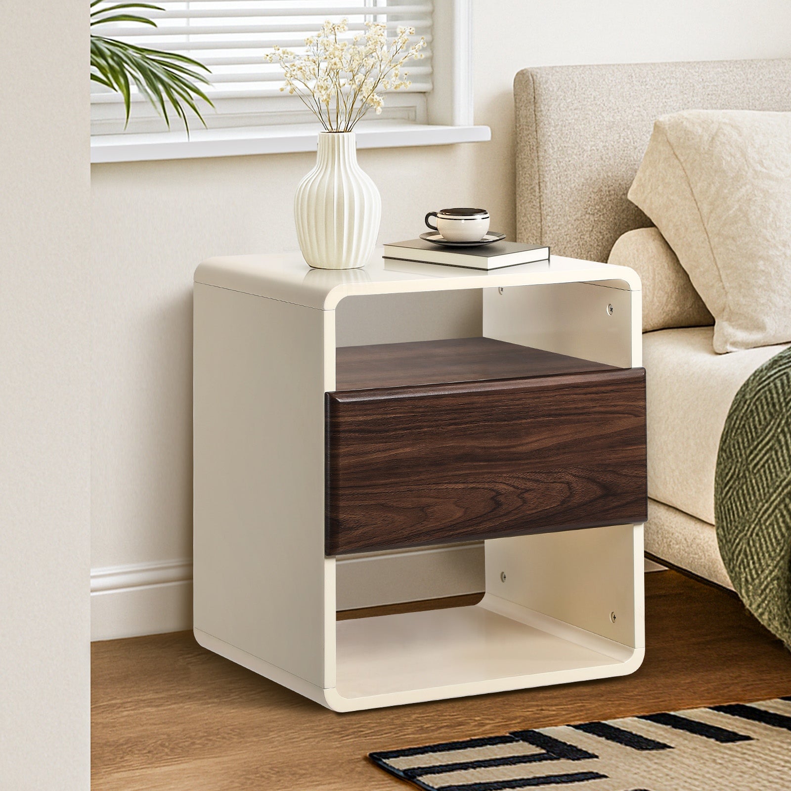 Oikiture Bedside Table Side Nightstand With Drawer Storage Shelf Retro-Modern - Sunyee