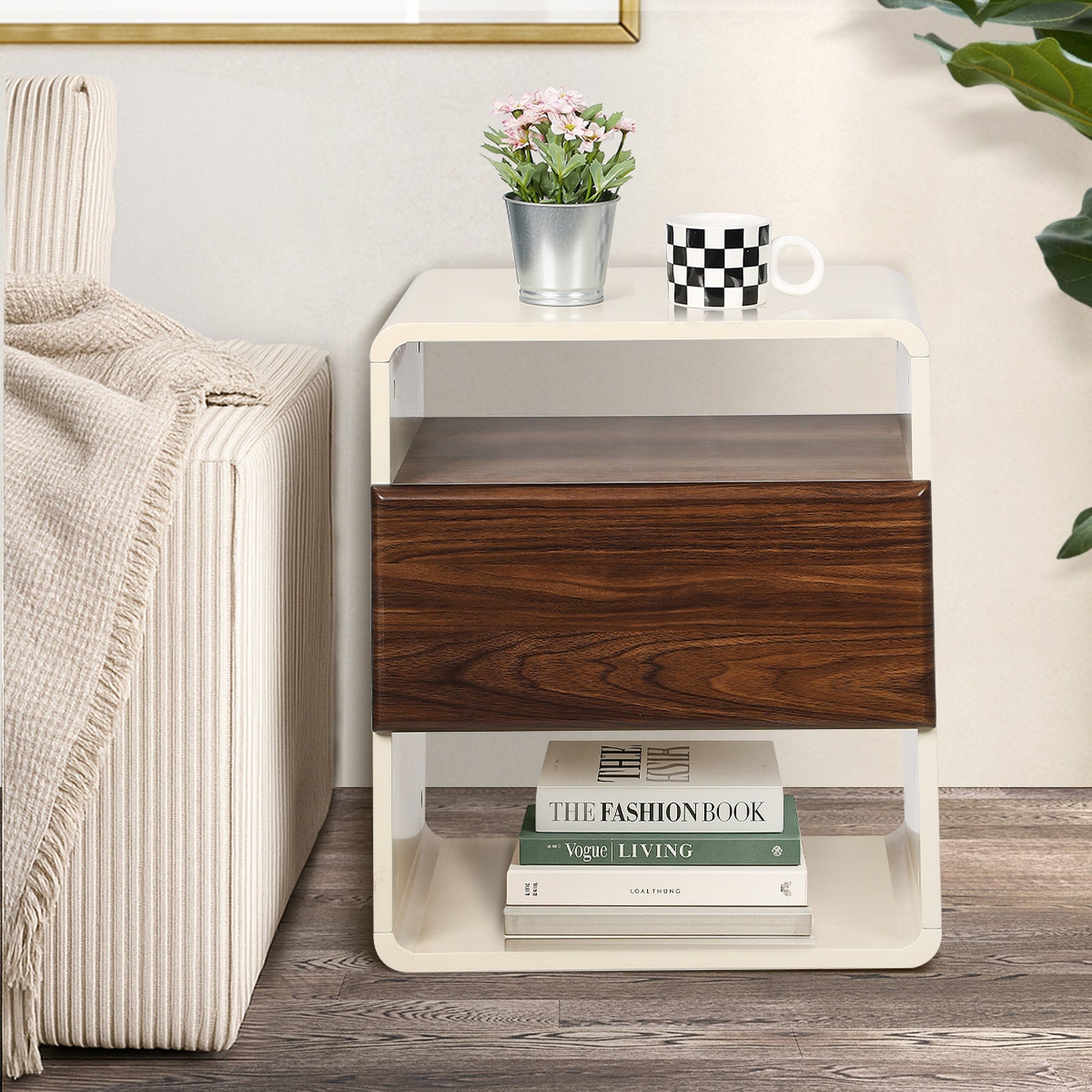 Oikiture Bedside Table Side Nightstand With Drawer Storage Shelf Retro-Modern - Sunyee