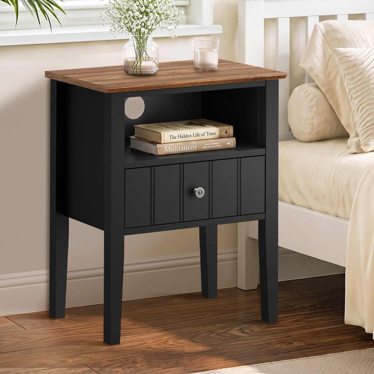 Oikiture Bedside Table 1 Drawer and Shelf Black Farmhouse Nightstand Cabinet - Sunyee