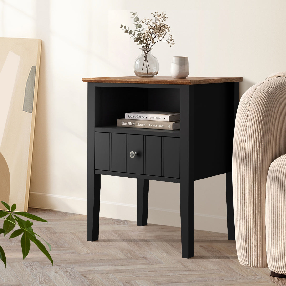 Oikiture Bedside Table 1 Drawer and Shelf Black Farmhouse Nightstand Cabinet - Sunyee