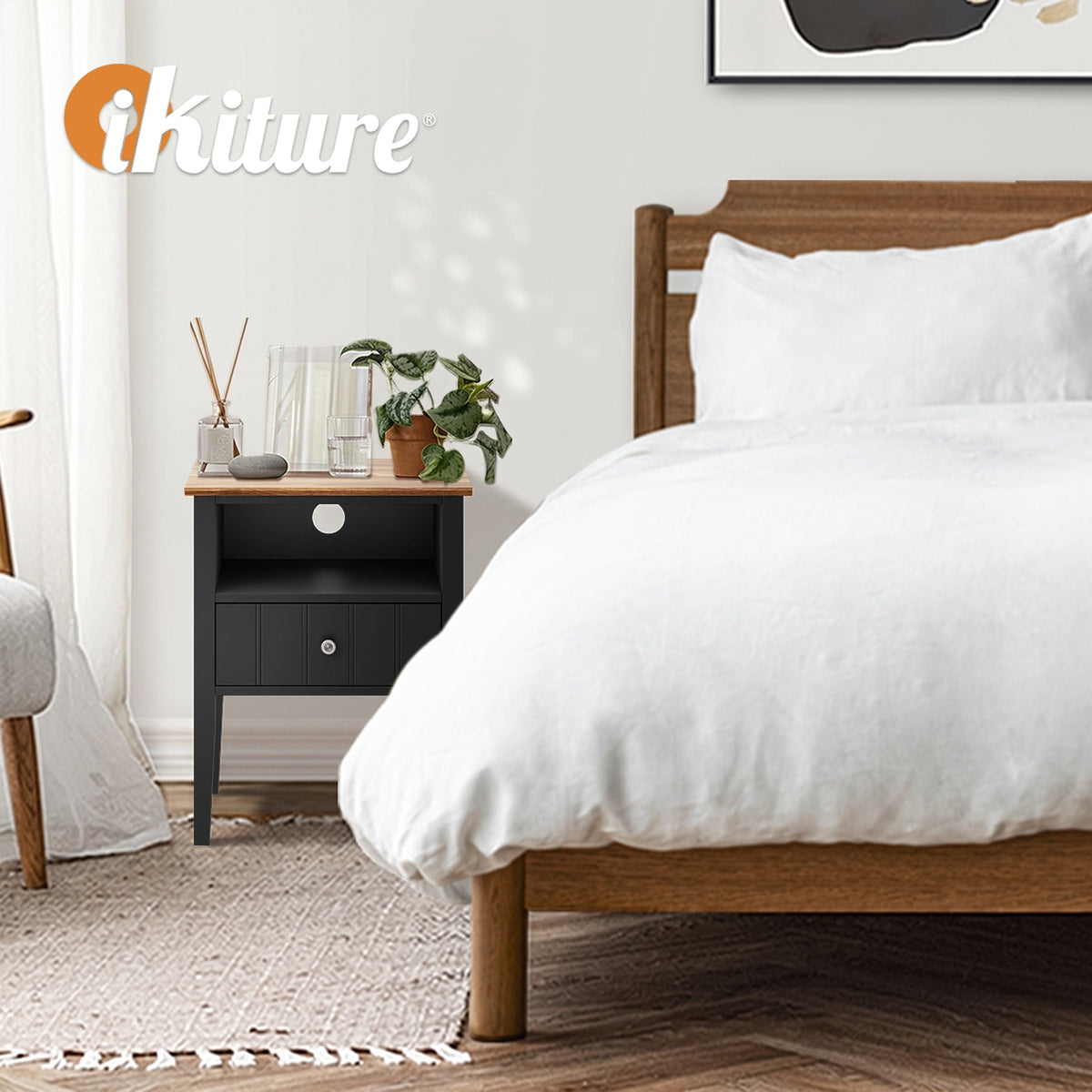 Oikiture Bedside Table 1 Drawer and Shelf Black Farmhouse Nightstand Cabinet - Sunyee
