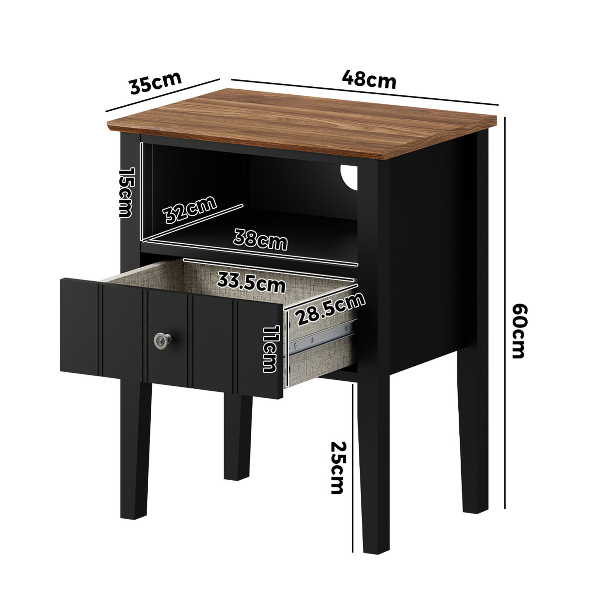 Oikiture Bedside Table 1 Drawer and Shelf Black Farmhouse Nightstand Cabinet - Sunyee