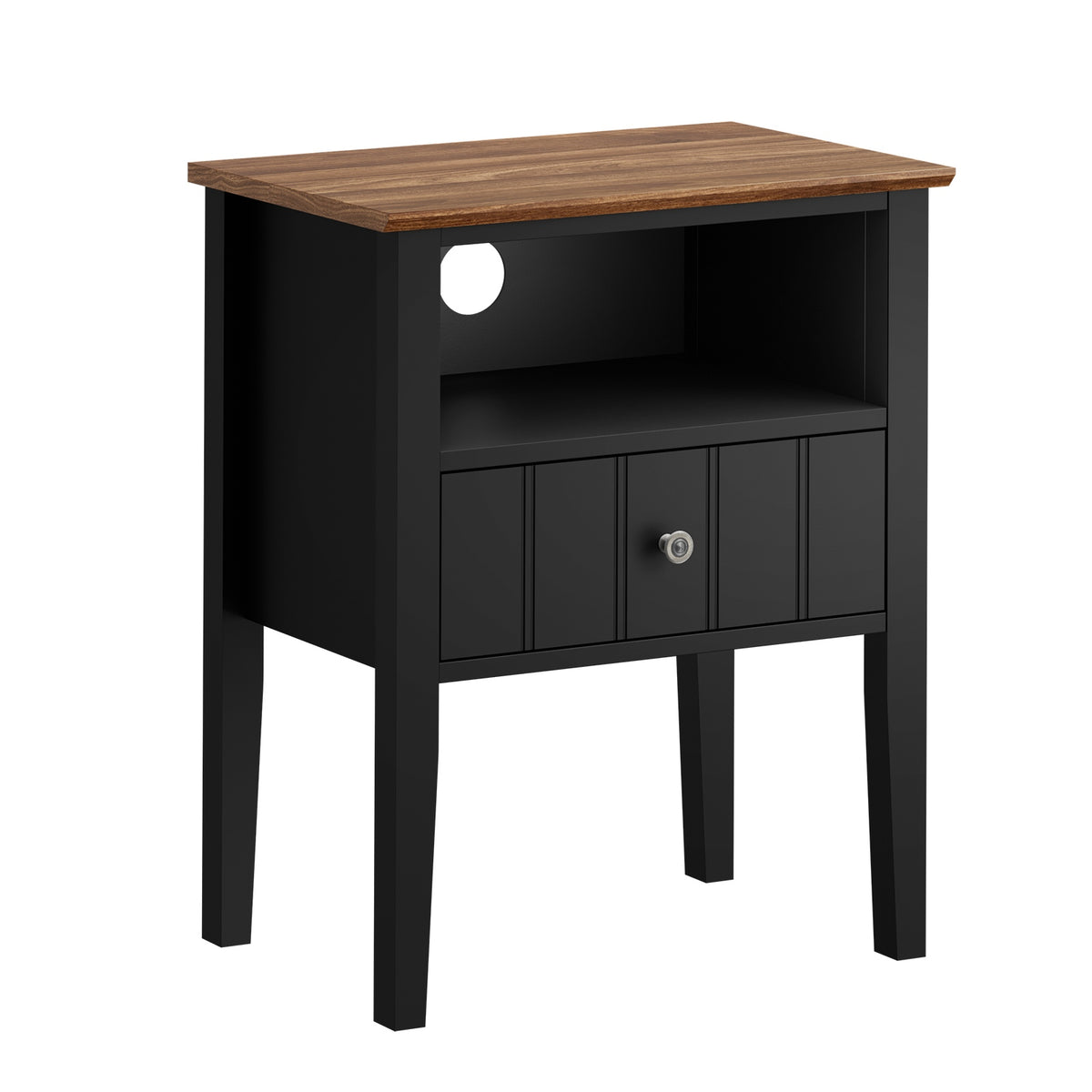 Oikiture Bedside Table 1 Drawer and Shelf Black Farmhouse Nightstand Cabinet - Sunyee