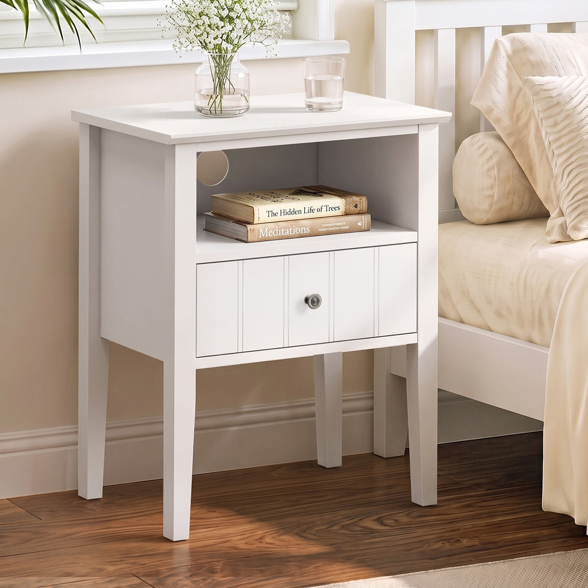 Oikiture Bedside Table 1 Drawer and Shelf White Farmhouse Nightstand Cabinet