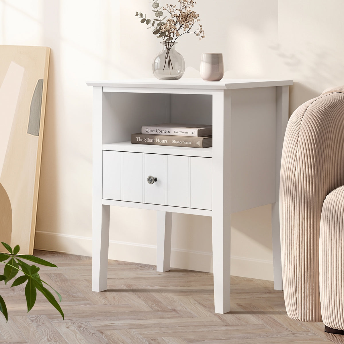 Oikiture Bedside Table 1 Drawer and Shelf White Farmhouse Nightstand Cabinet