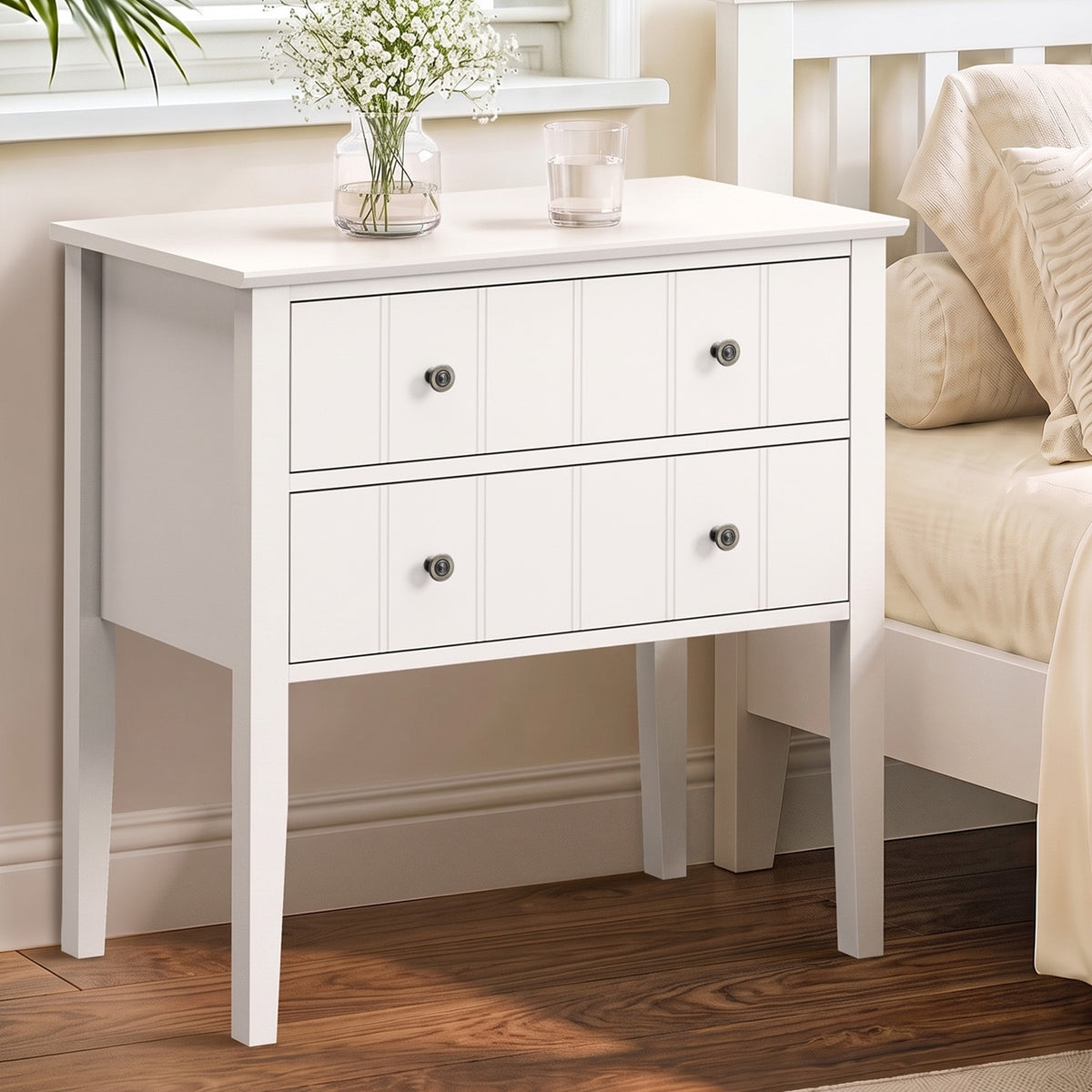 Oikiture Farmhouse Bedside Table 2 Drawer White Nightstand Side Storage Cabinet