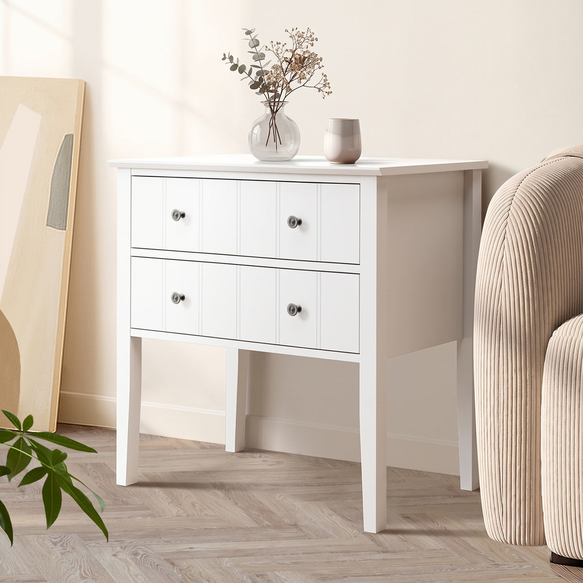 Oikiture Farmhouse Bedside Table 2 Drawer White Nightstand Side Storage Cabinet
