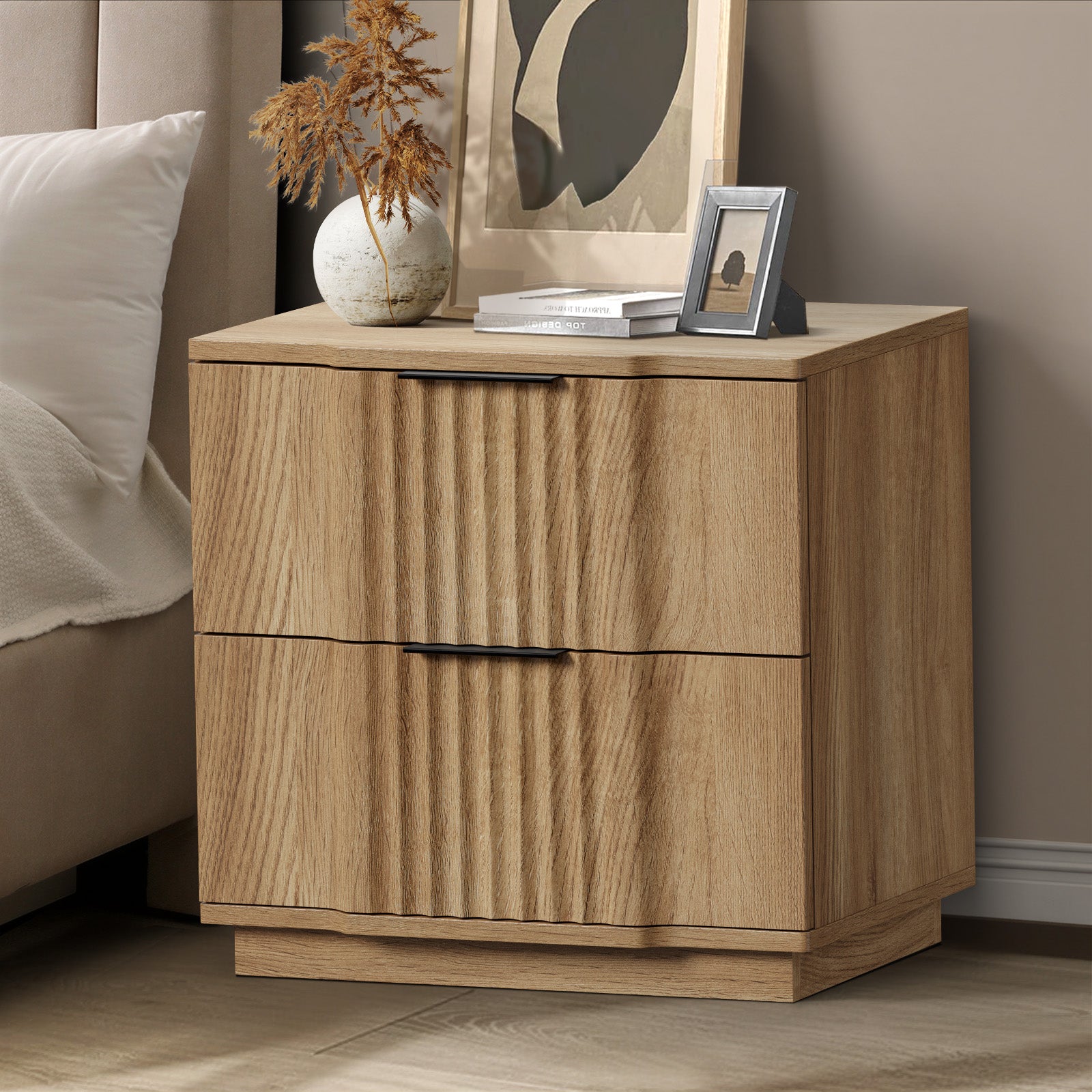 Oikiture Bedside Table 2 Drawers Storage Nightstand Side End Table Natural - Sunyee
