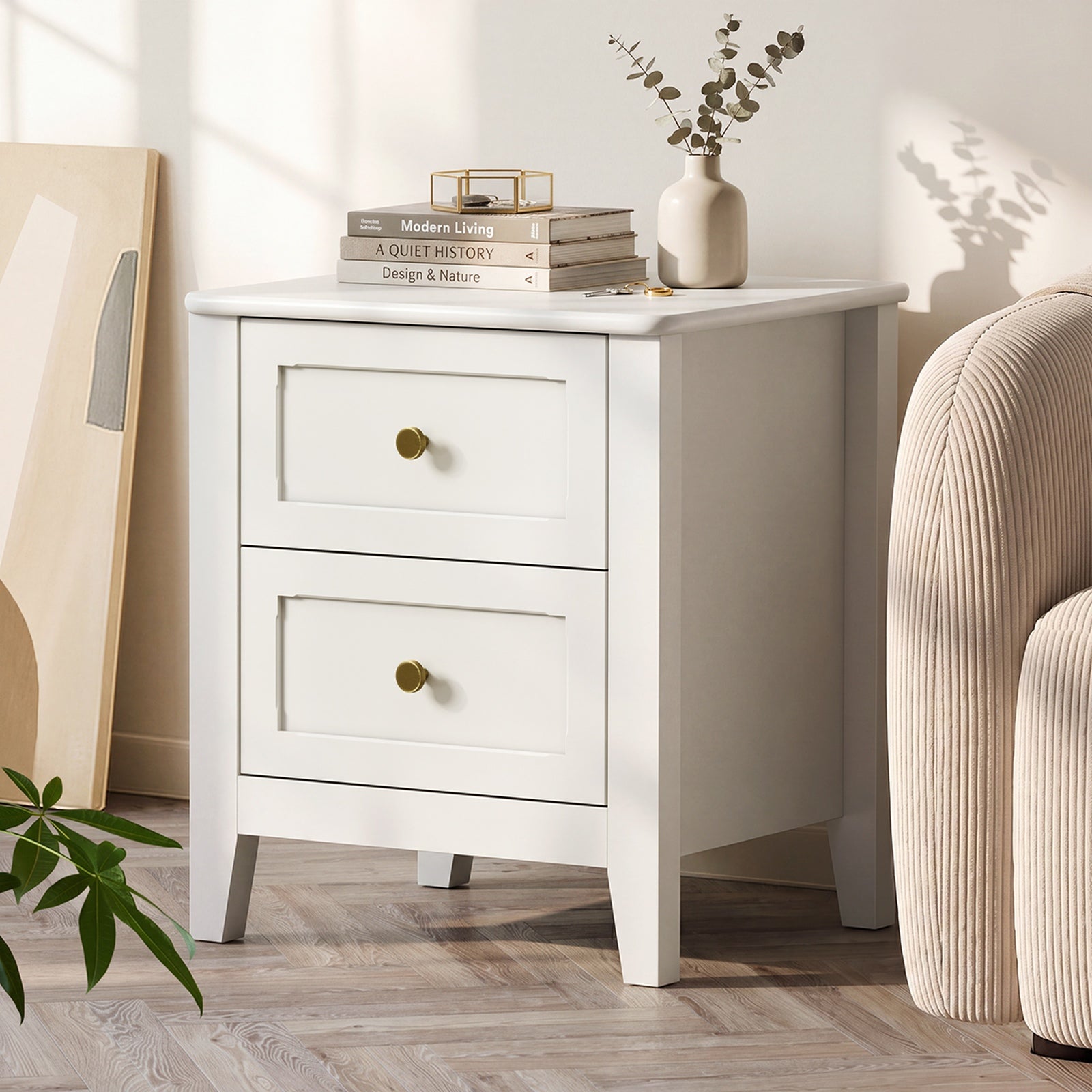 Oikiture 2pc Bedside Table 2 Drawers Metal Handle Bedroom Storage White