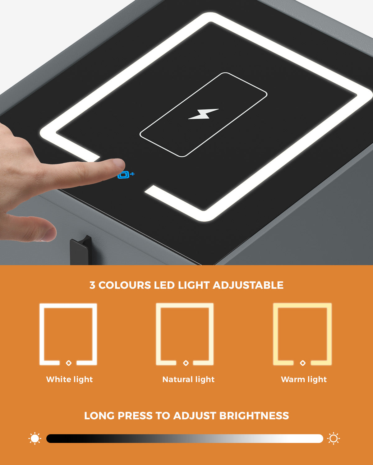 Oikiture Smart Bedside Table Wireless Charging LED Lights 2 Drawers Nightstand - Sunyee