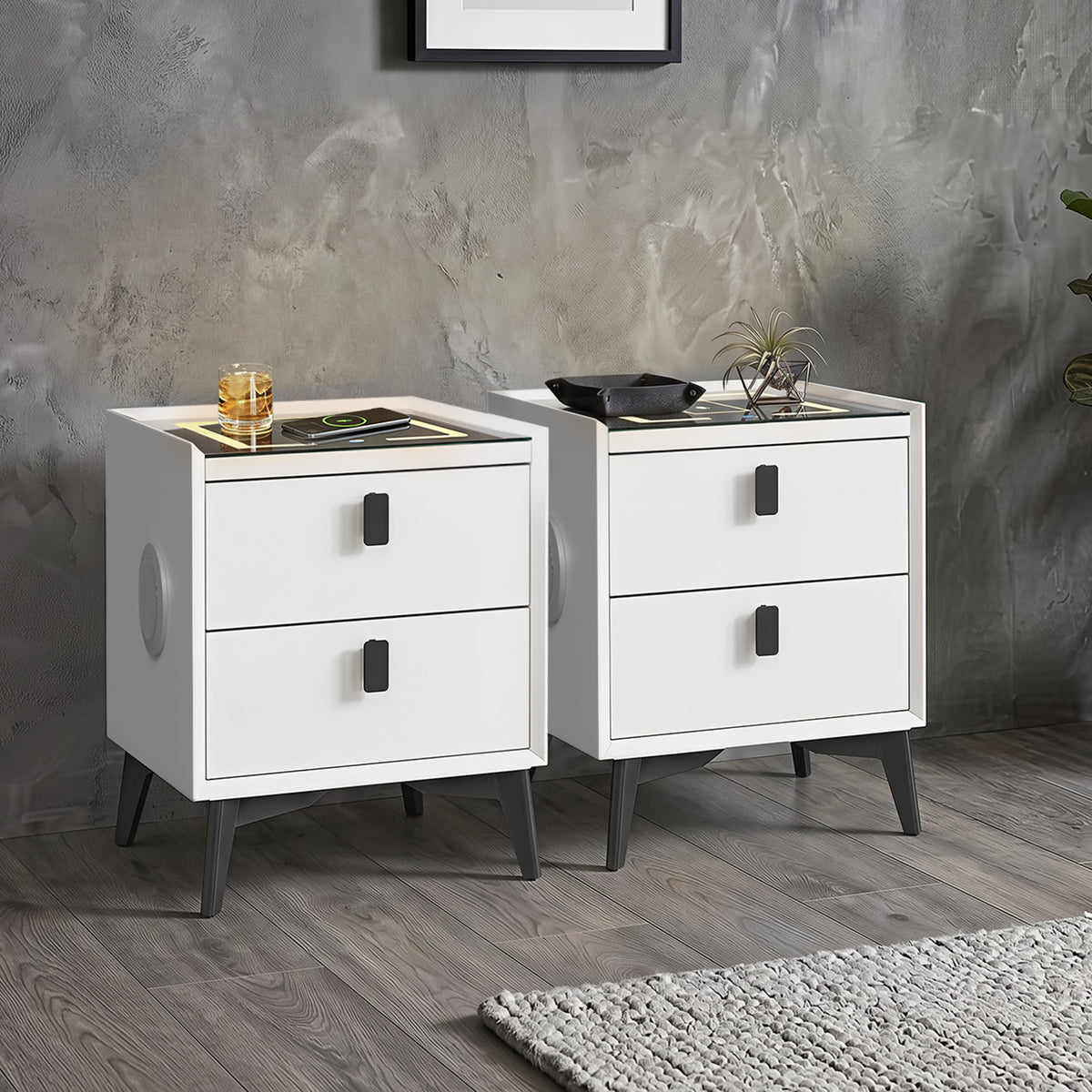 Oikiture Set of 2 Smart Bedside Tables Wireless Charging LED Drawers Nightstand - Sunyee