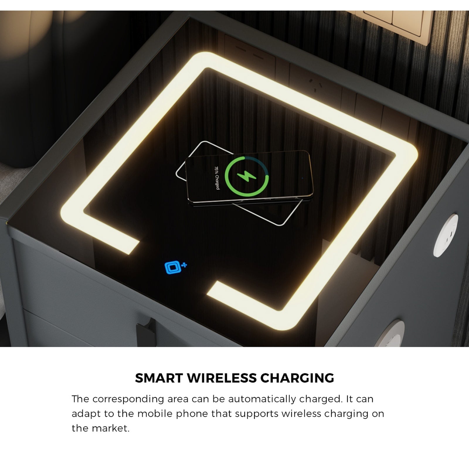 Oikiture Set of 2 Smart Bedside Tables Wireless Charging LED Lights 3 Drawers - Sunyee