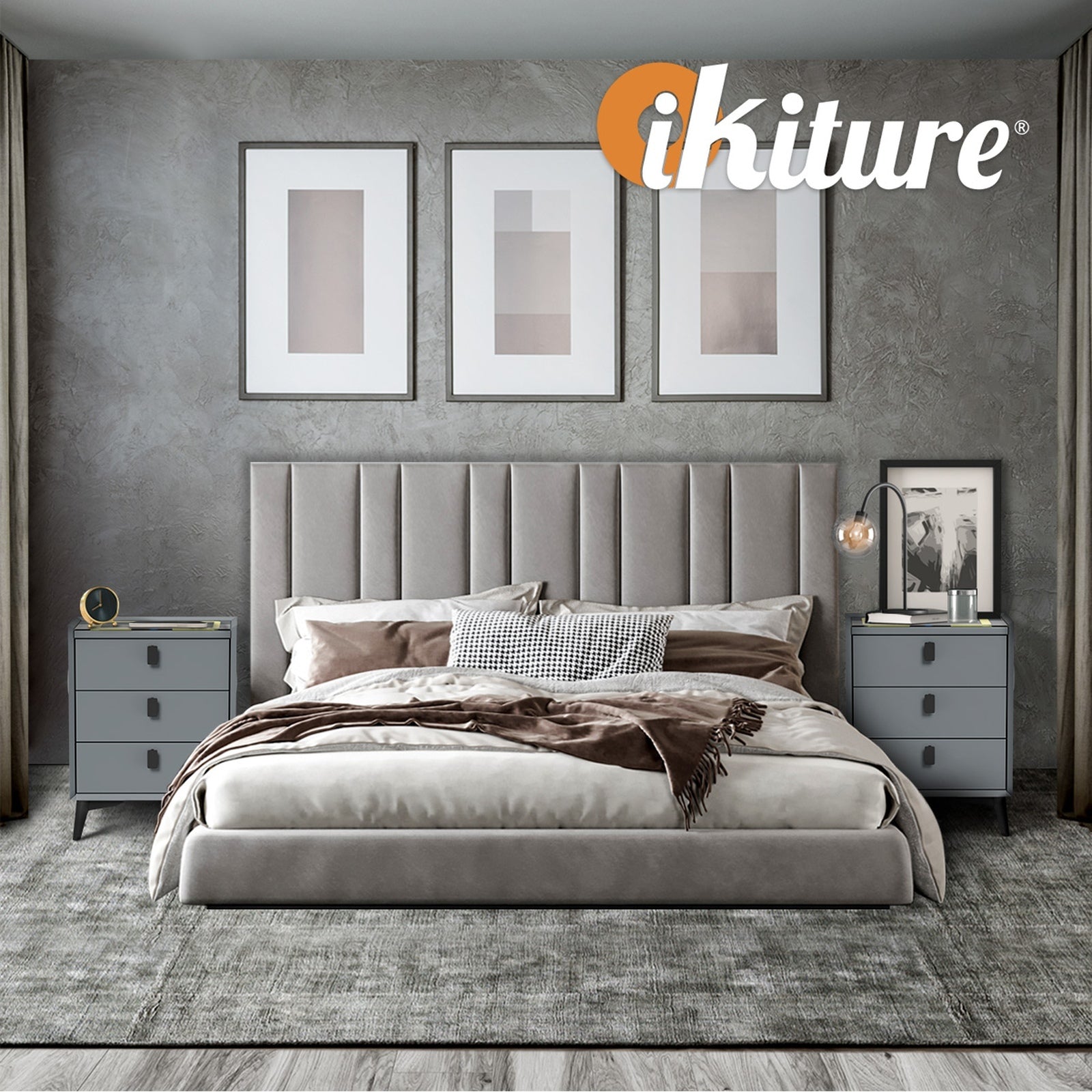 Oikiture Set of 2 Smart Bedside Tables Wireless Charging LED Lights 3 Drawers - Sunyee