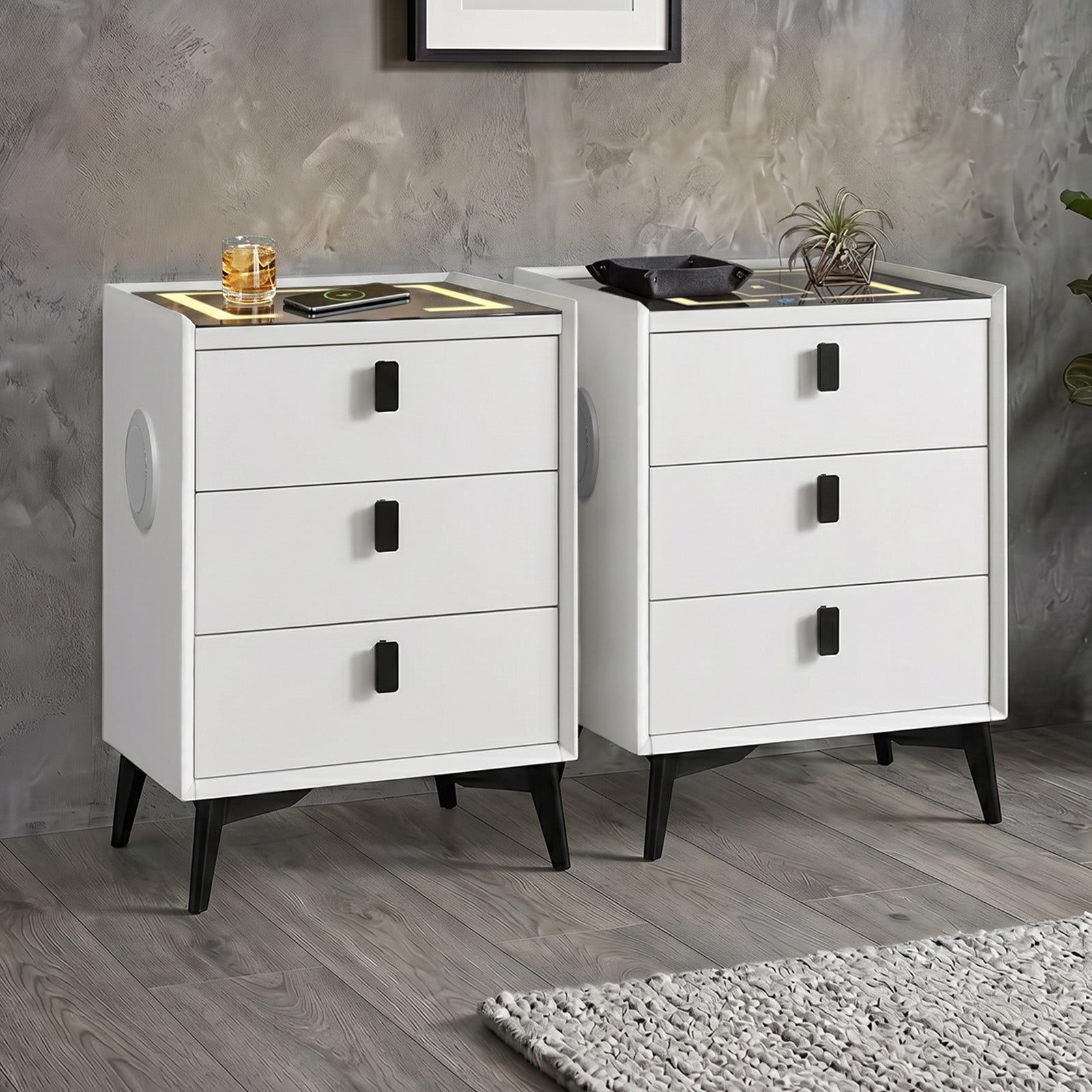 Oikiture Set of 2 Smart Bedside Tables Wireless Charging LED 3 Drawer Nightstand - Sunyee