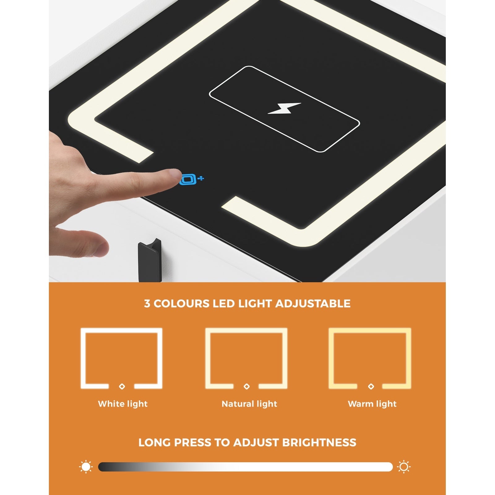 Oikiture Set of 2 Smart Bedside Tables Wireless Charging LED 3 Drawer Nightstand - Sunyee