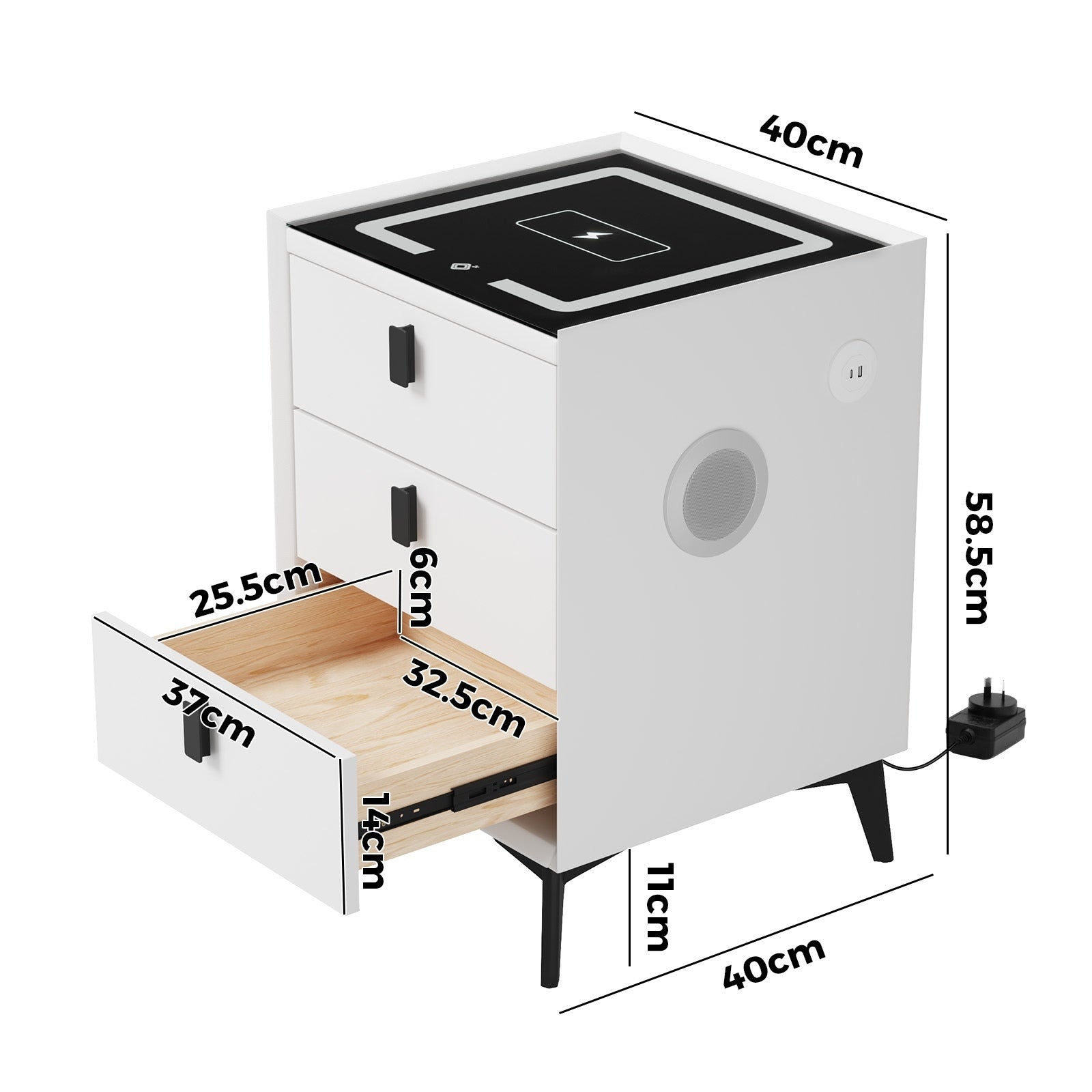 Oikiture Set of 2 Smart Bedside Tables Wireless Charging LED 3 Drawer Nightstand - Sunyee