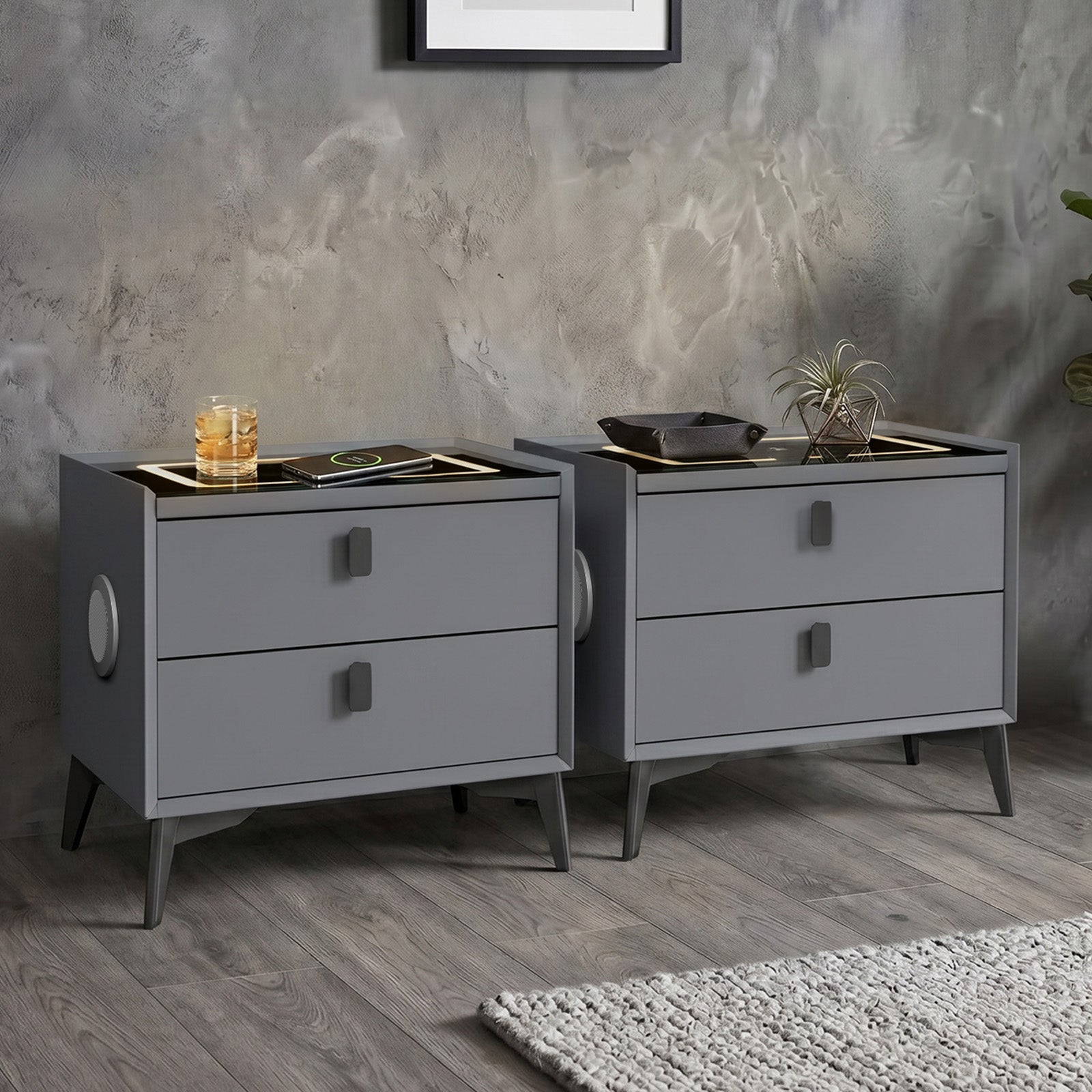 Oikiture Set of 2 Smart Bedside Tables Wireless Charging LED Nightstand Grey - Sunyee