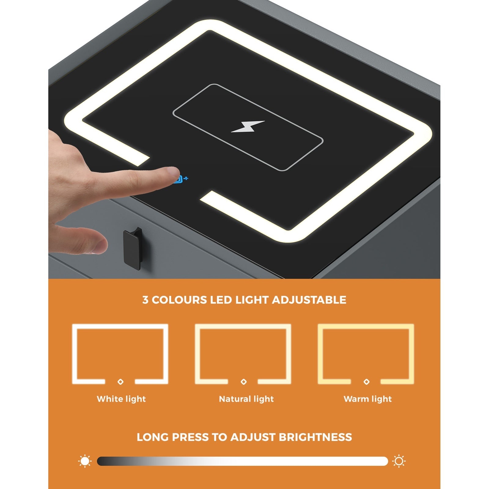 Oikiture Set of 2 Smart Bedside Tables Wireless Charging LED Nightstand Grey - Sunyee