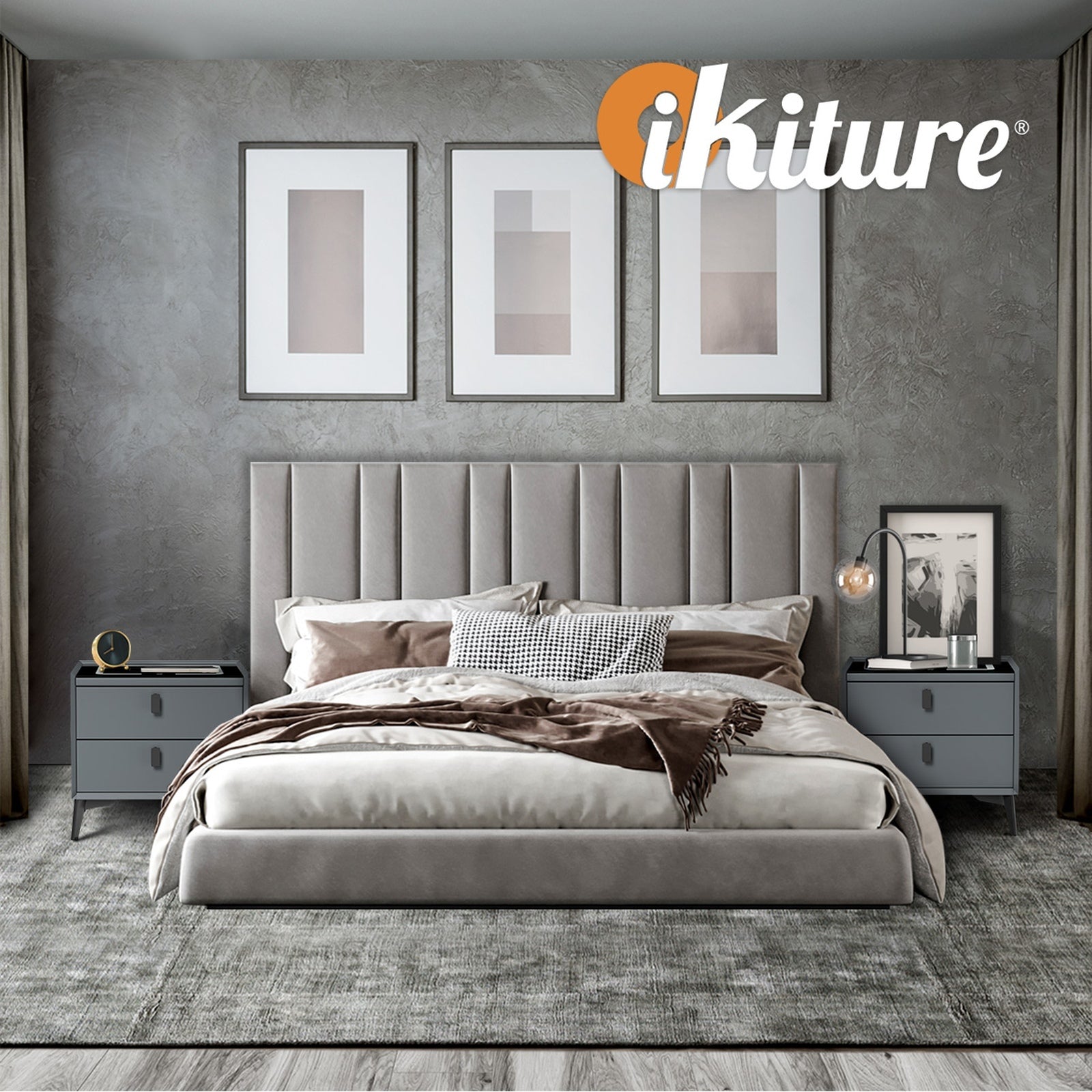 Oikiture Set of 2 Smart Bedside Tables Wireless Charging LED Nightstand Grey - Sunyee