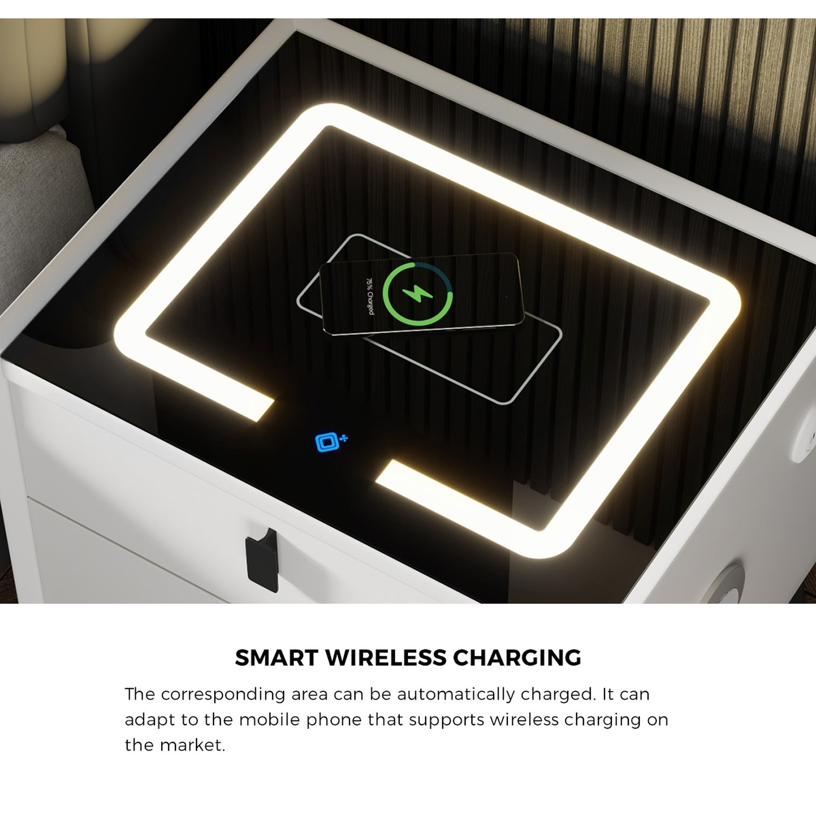 Oikiture Set of 2 Smart Bedside Tables LED Wireless Charging Nightstand White - Sunyee