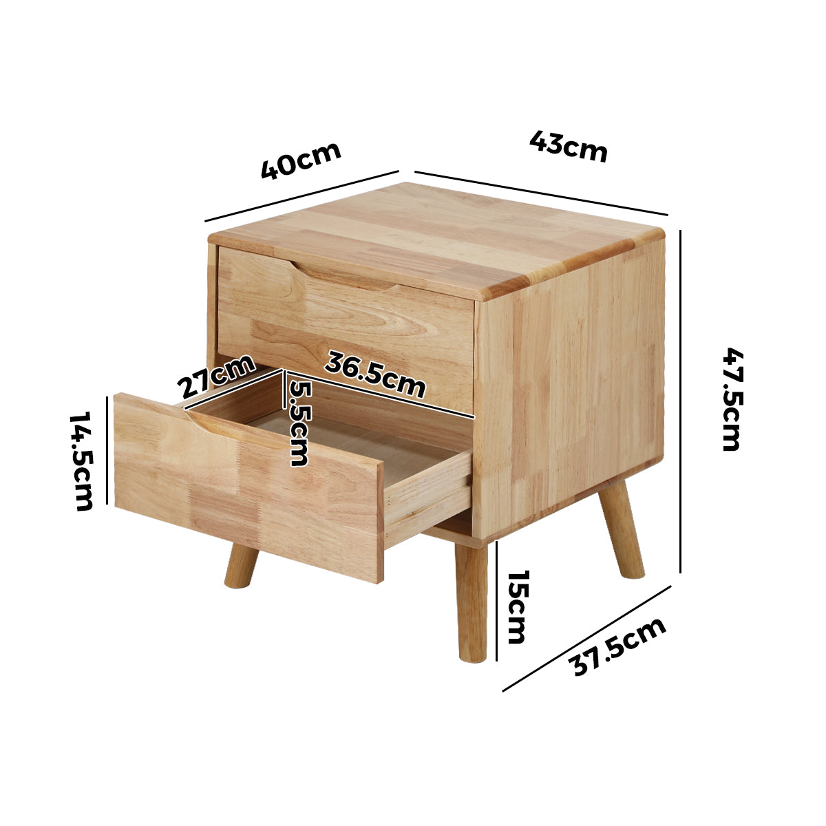 Oikiture 2pc Bedside Tables 2 Drawers Storage Nightstand Solid Wood Natural