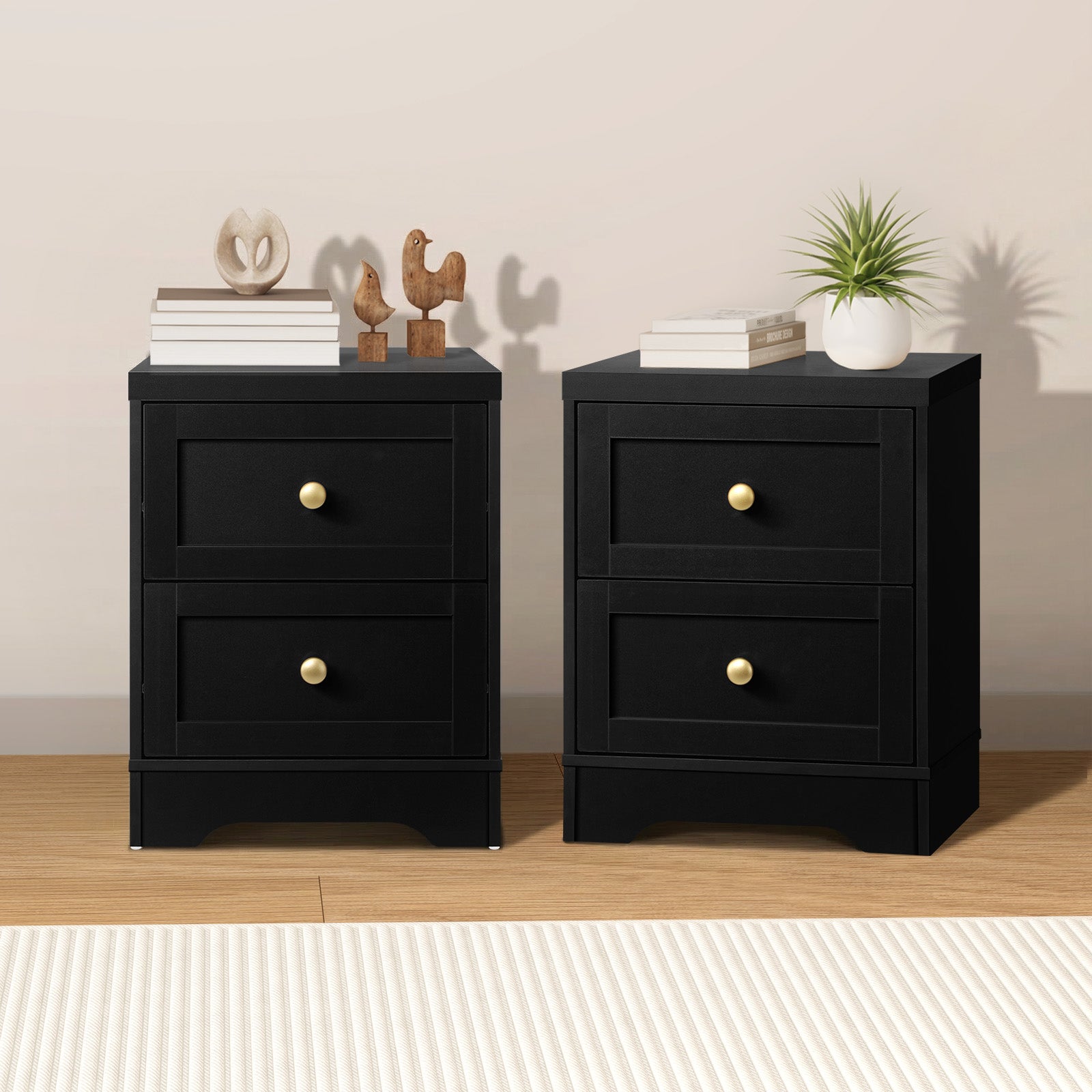 Oikiture 2 X Bedside Tables Hamptons Furniture Storage Cabinet Black - Sunyee